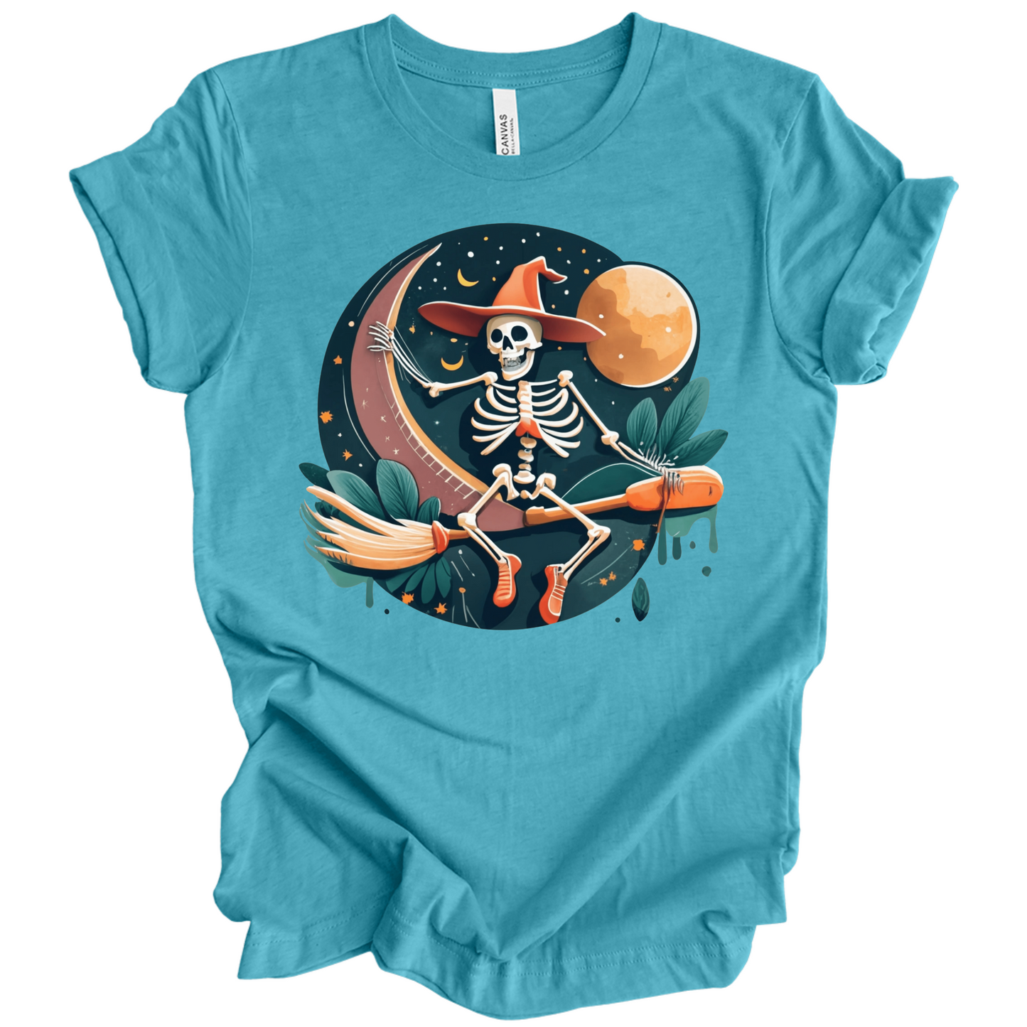 Blue halloween t-shirt with a skeleton on a broomstick wearing a witch hat in the night time.