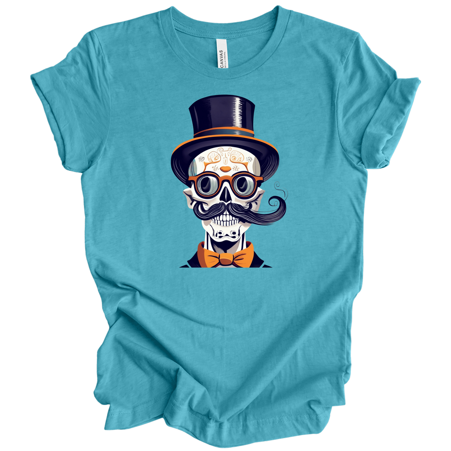Blue halloween t-shirt with a skull wearing a top hat, glasses, and bow tie.