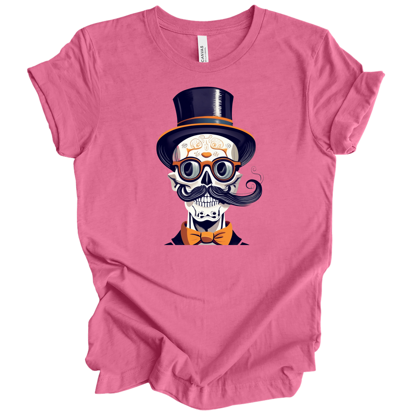 Pink halloween t-shirt with a skull wearing a top hat, glasses, and bow tie.
