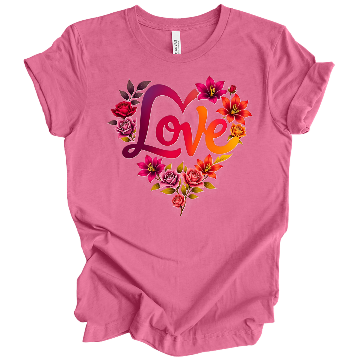 Heather Charity Pink colour valentines day t-shirt with the a design of 'Love' wording and surrounded floral design, front printed.