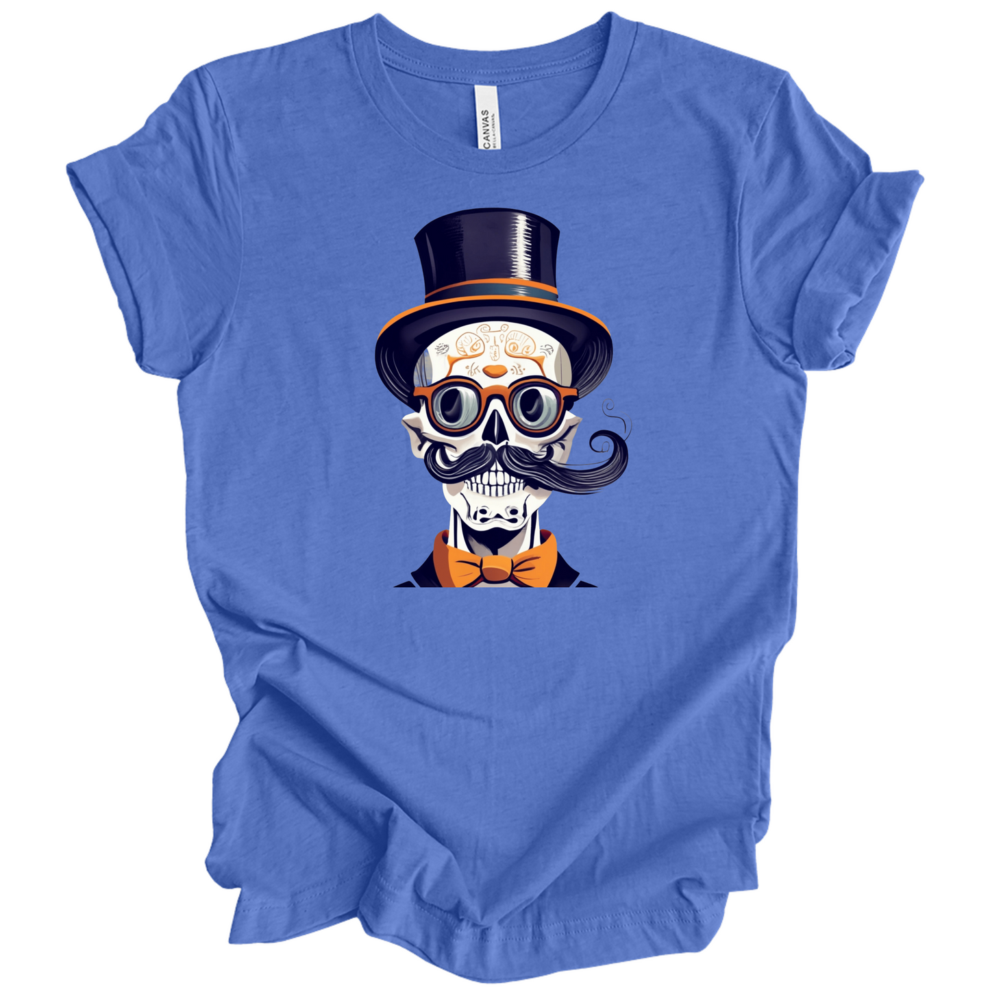 Blue halloween t-shirt with a skull wearing a top hat, glasses, and bow tie.