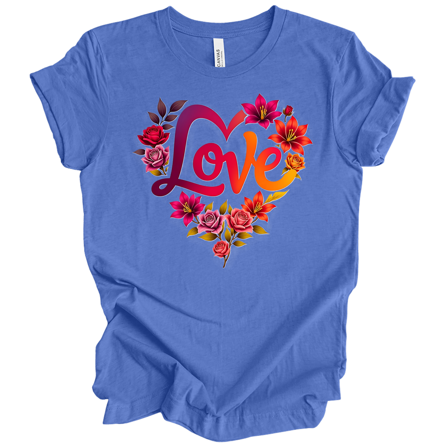 Heather Columbia Blue colour valentines day t-shirt with the a design of 'Love' wording and surrounded floral design, front printed.