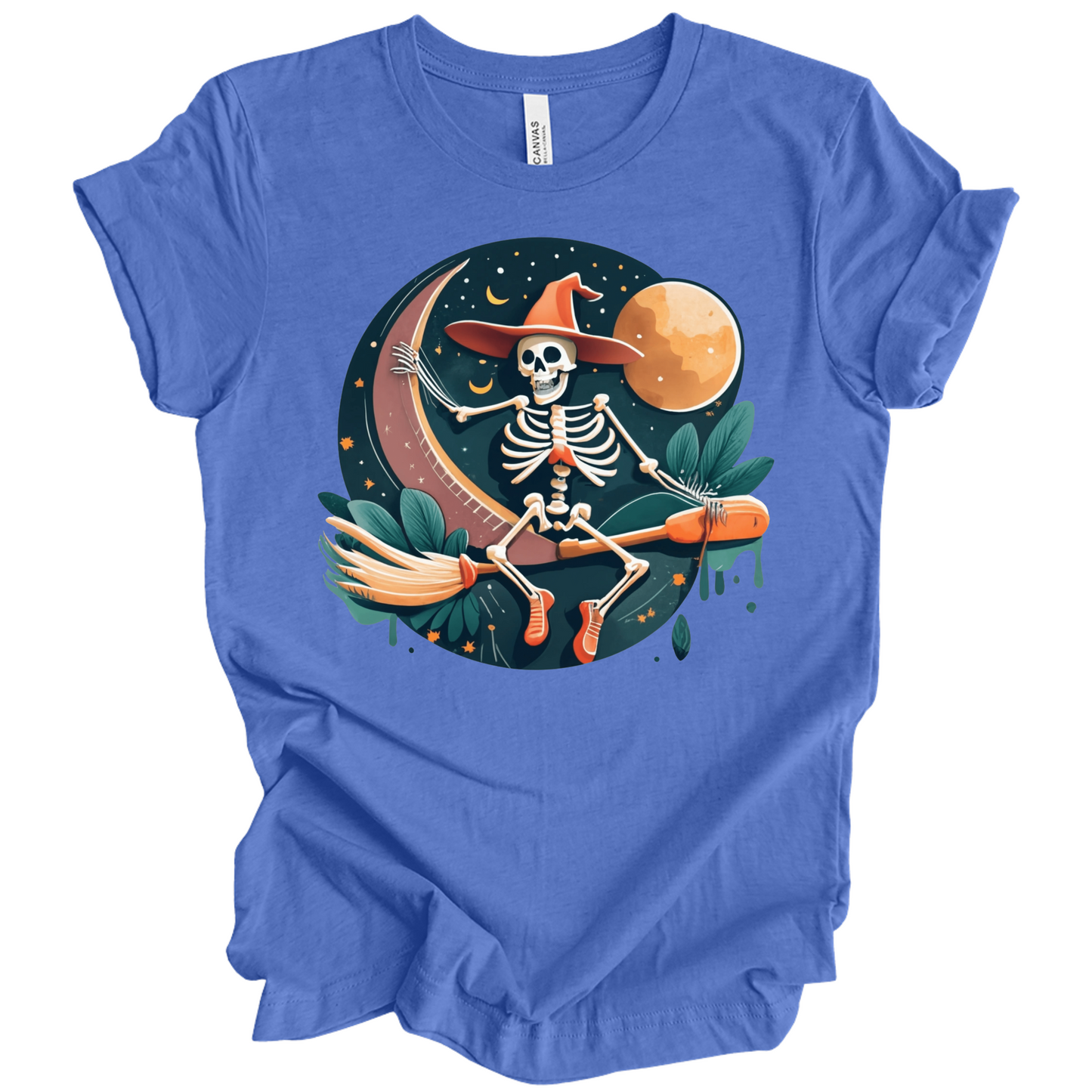 Blue halloween t-shirt with a skeleton on a broomstick wearing a witch hat in the night time.