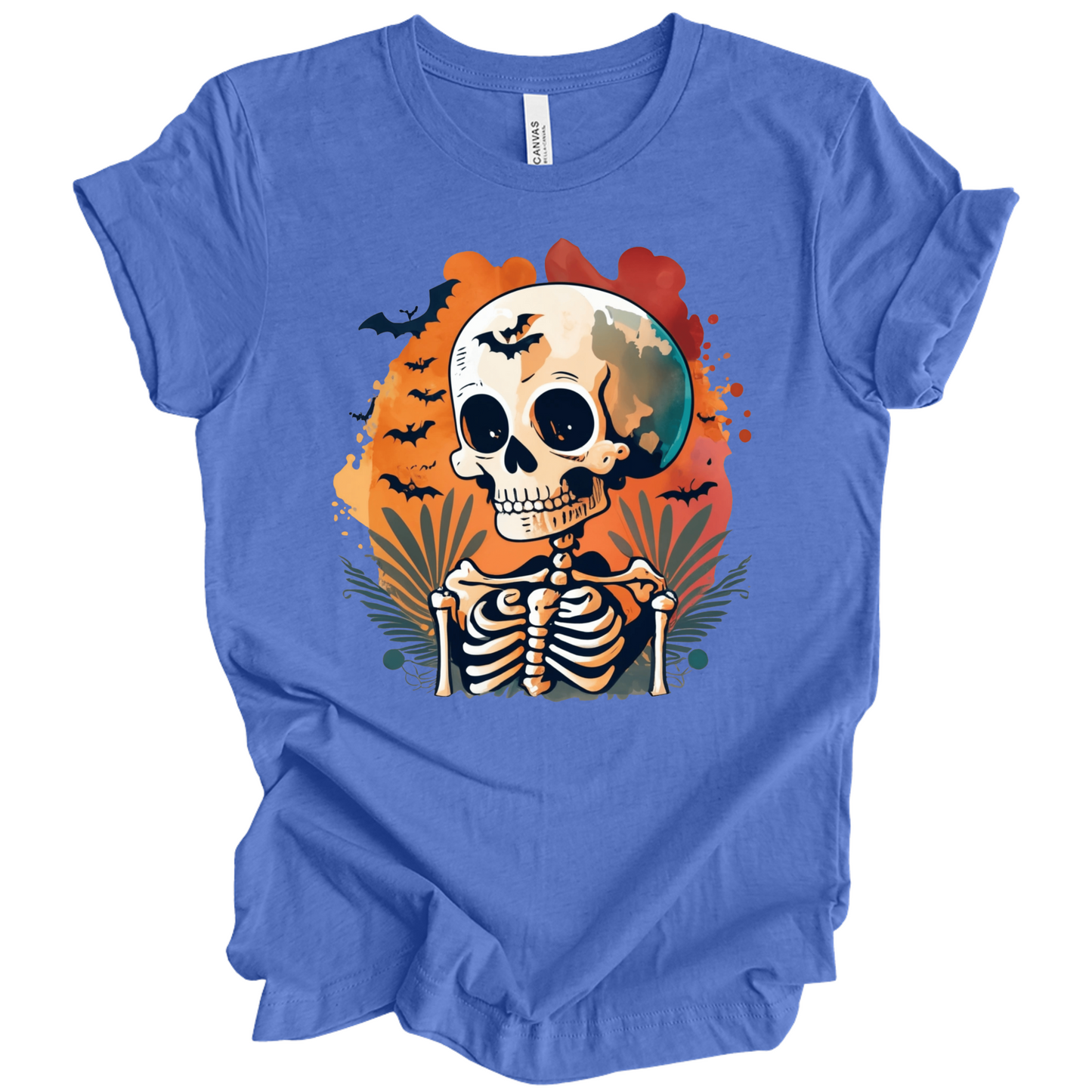 Blue t-shirt with a Halloween-themed design featuring a skeleton and skull surrounded with bats.