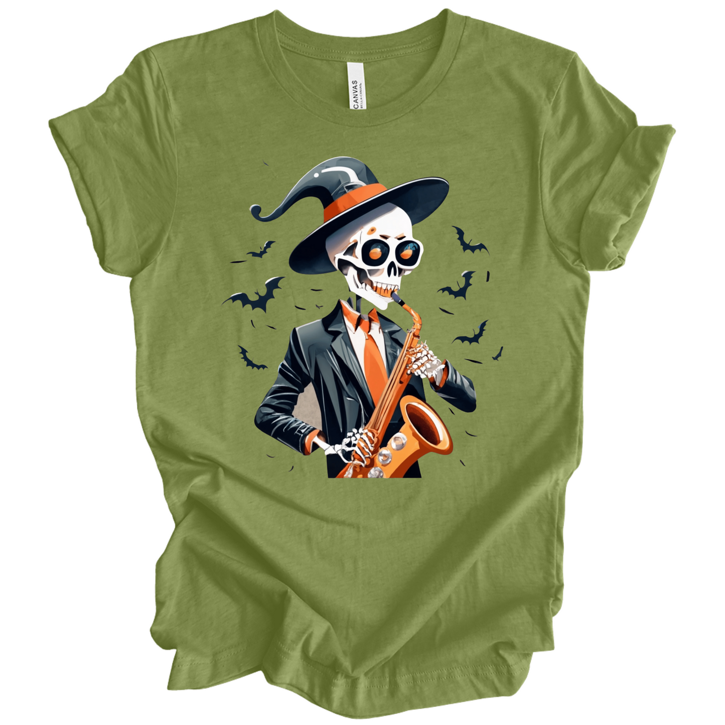 Green halloween t-shirt with a skeleton playing a saxophone and wearing a witch hat, surrounded by bats.