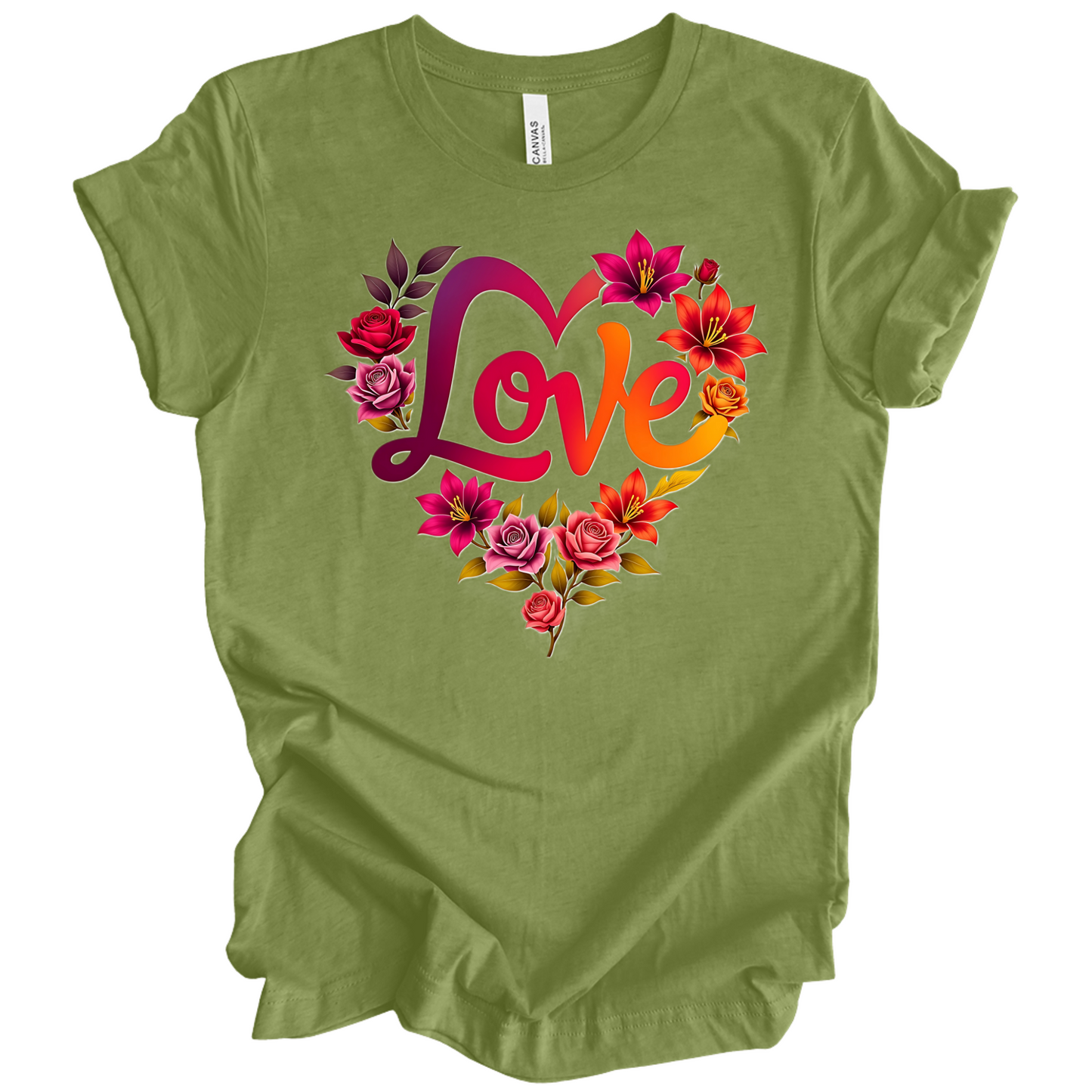 Heather Green colour valentines day t-shirt with the a design of 'Love' wording and surrounded floral design, front printed.