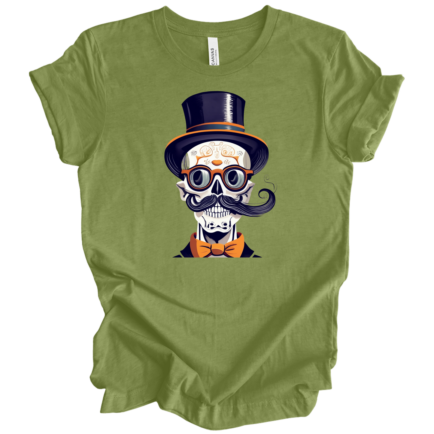 Green halloween t-shirt with a skull wearing a top hat, glasses, and bow tie.