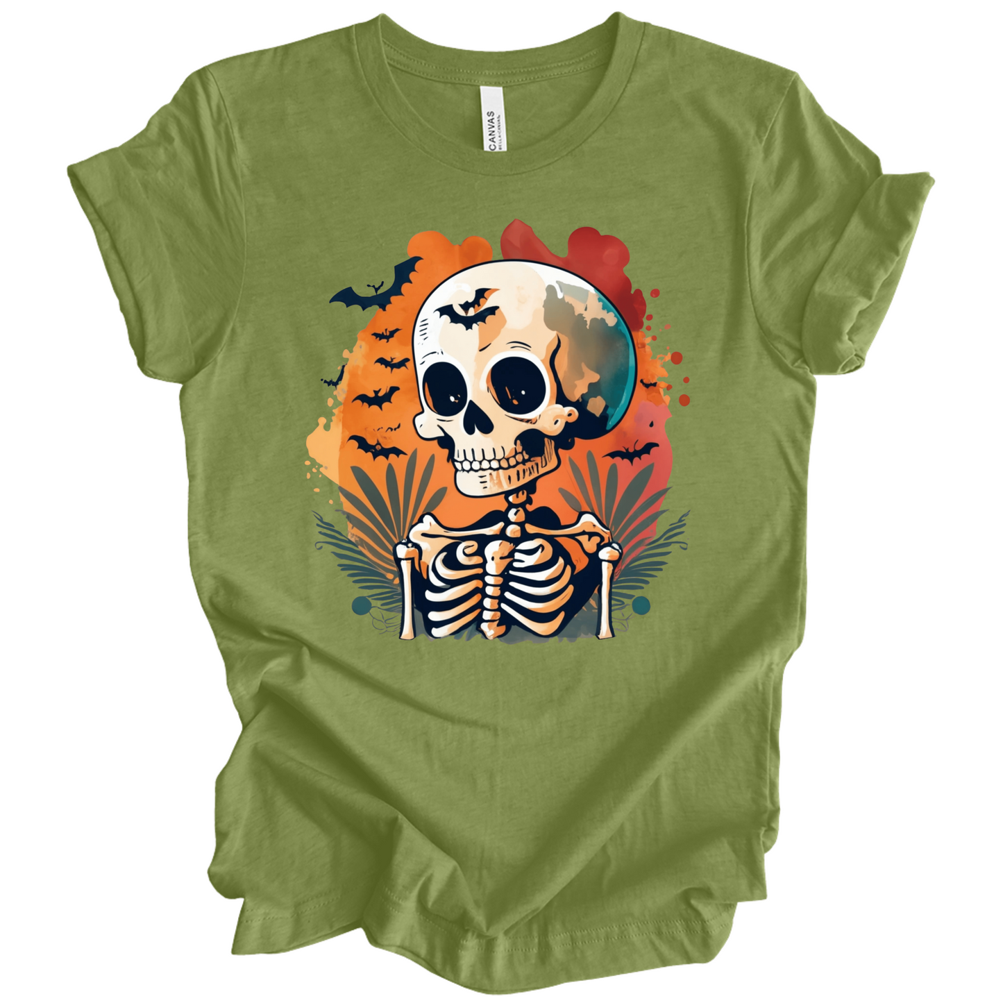 Green t-shirt with a Halloween-themed design featuring a skeleton and skull surrounded with bats.