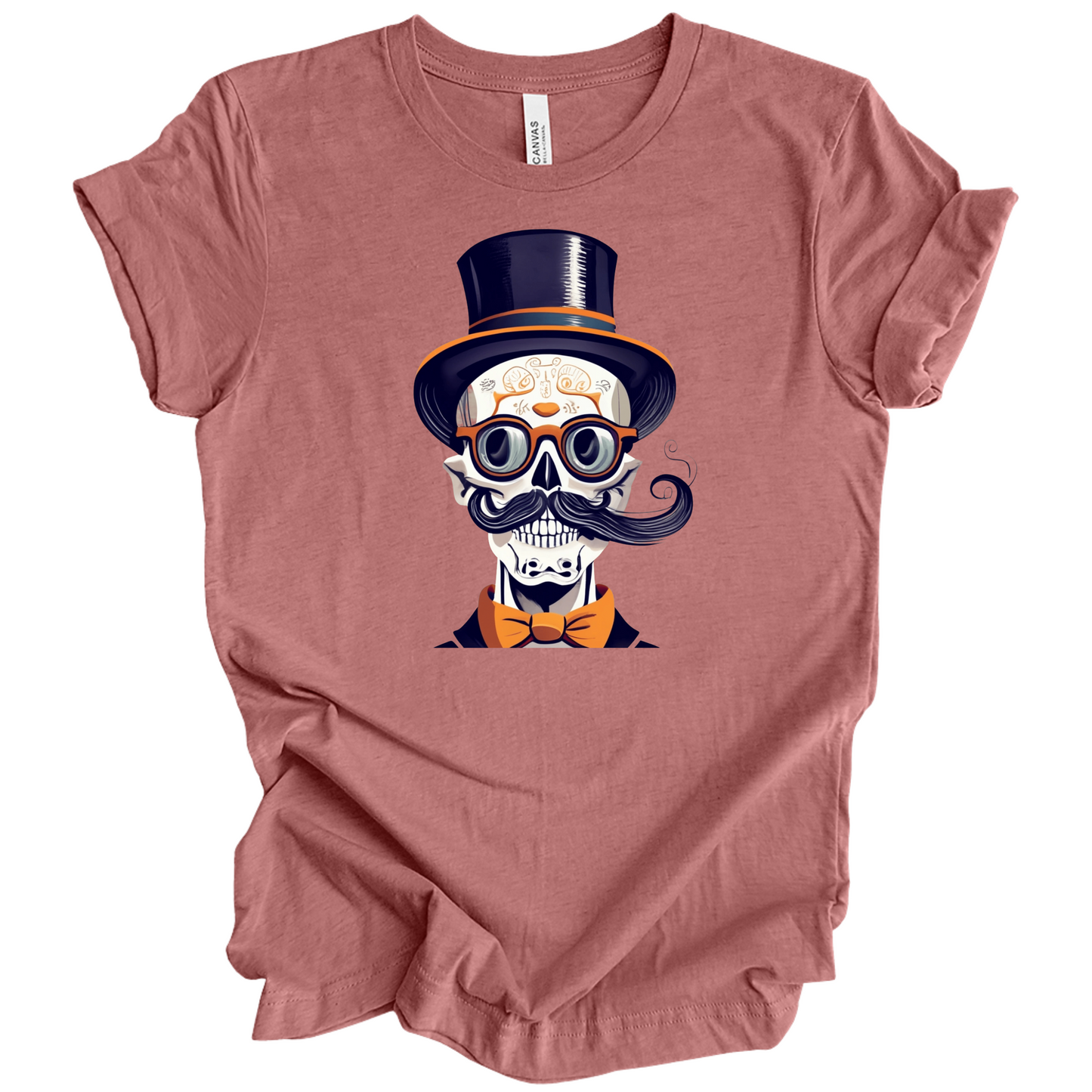 Pink halloween t-shirt with a skull wearing a top hat, glasses, and bow tie.