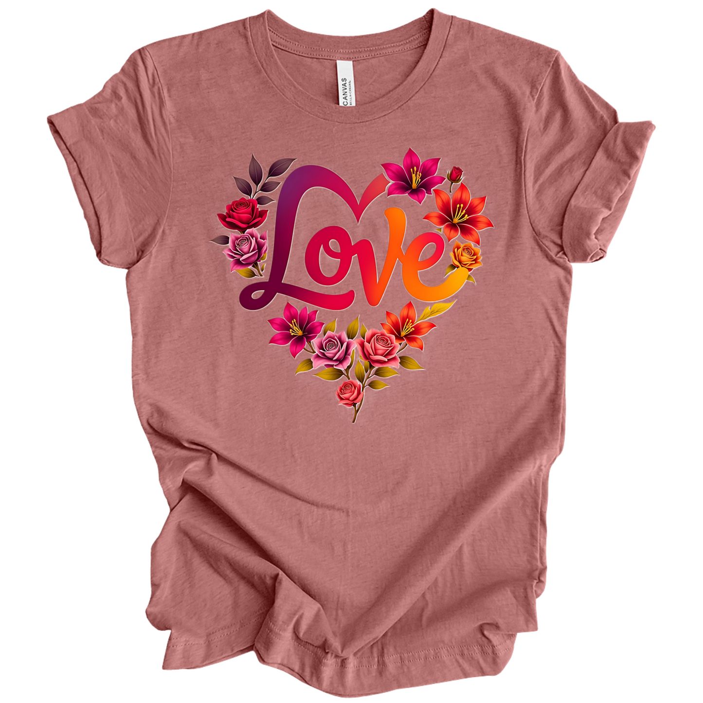 Heather Mauve colour valentines day t-shirt with the a design of 'Love' wording and surrounded floral design, front printed.