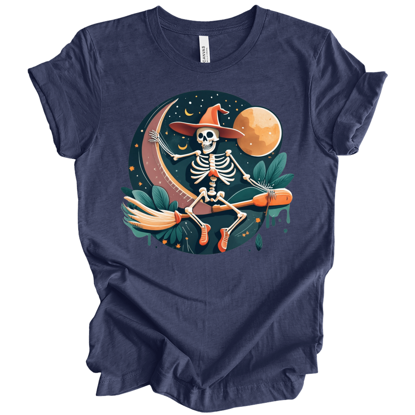 Navy blue halloween t-shirt with a skeleton on a broomstick wearing a witch hat in the night time.