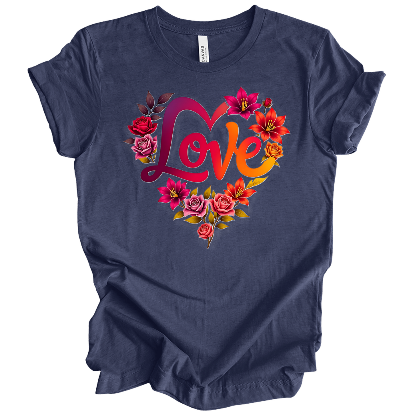 Heather Navy colour valentines day t-shirt with the a design of 'Love' wording and surrounded floral design, front printed.