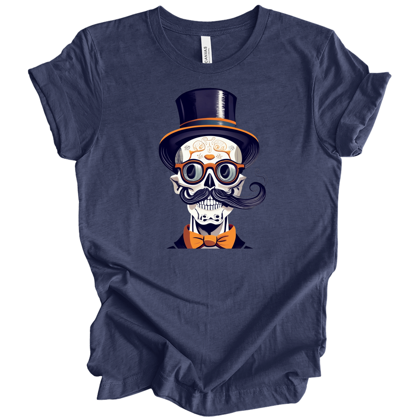 Navy blue halloween t-shirt with a skull wearing a top hat, glasses, and bow tie.