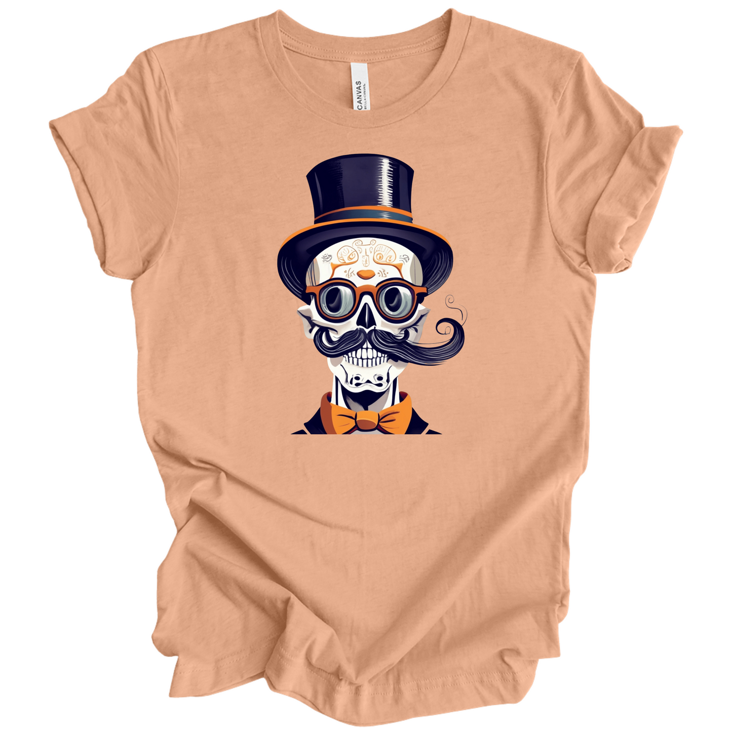 Peach halloween t-shirt with a skull wearing a top hat, glasses, and bow tie.