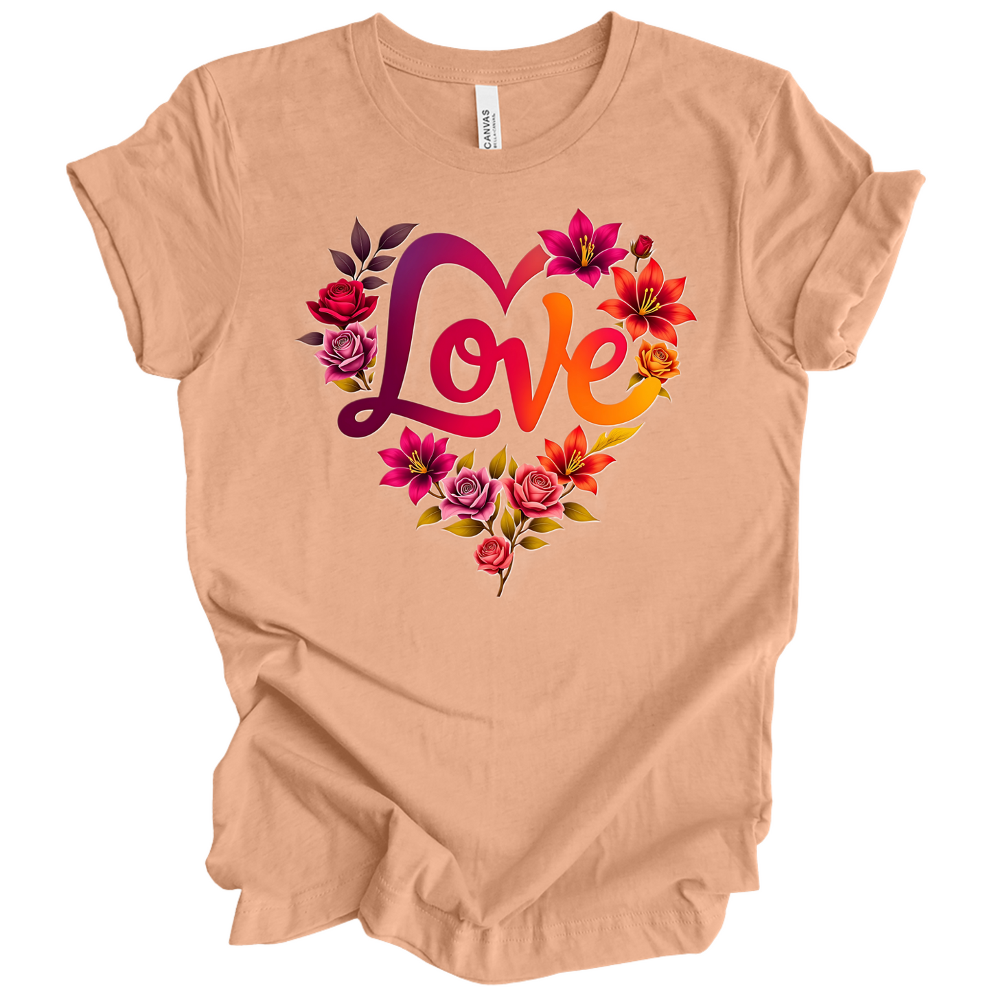 Heather Peach colour valentines day t-shirt with the a design of 'Love' wording and surrounded floral design, front printed.