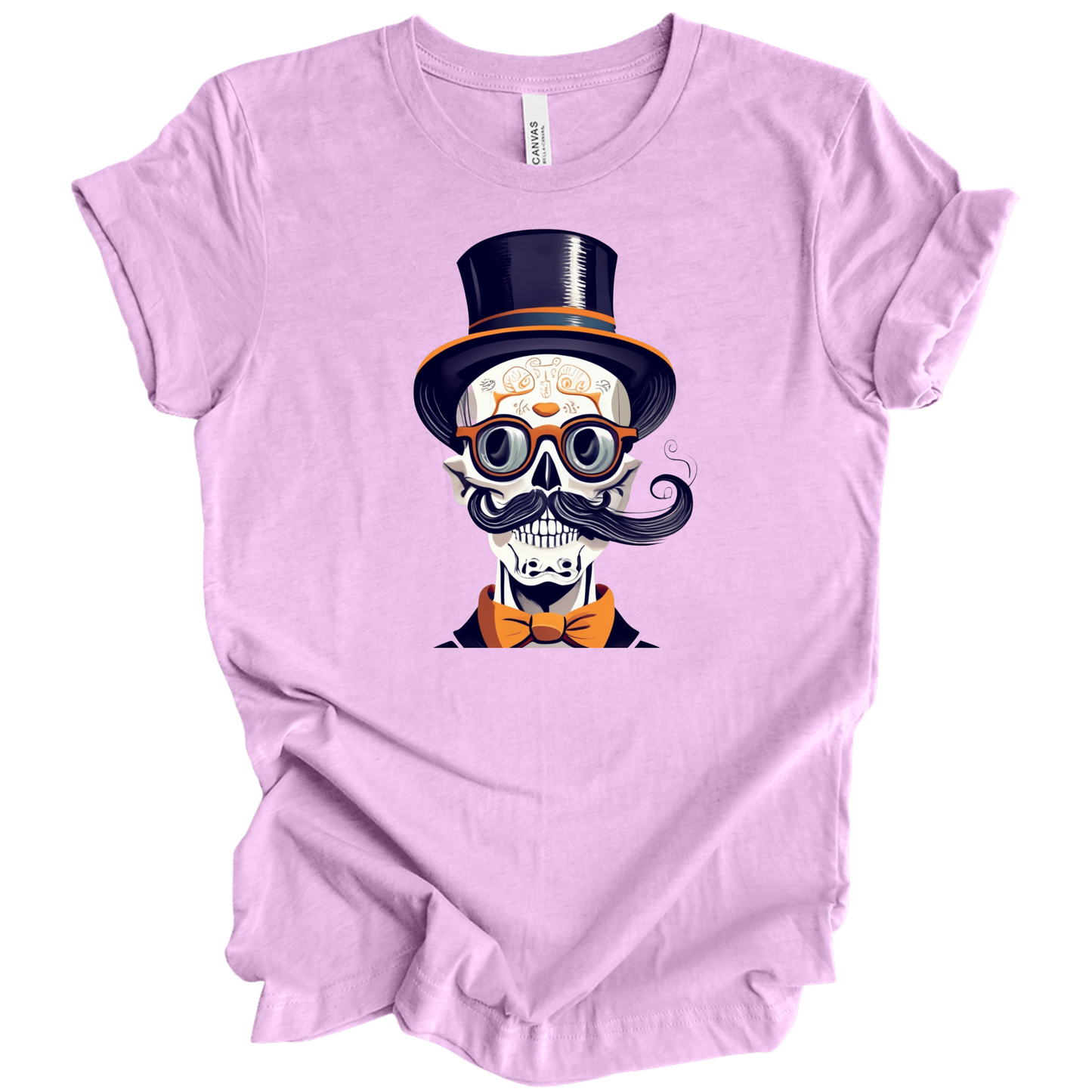 Light purple halloween t-shirt with a skull wearing a top hat, glasses, and bow tie.
