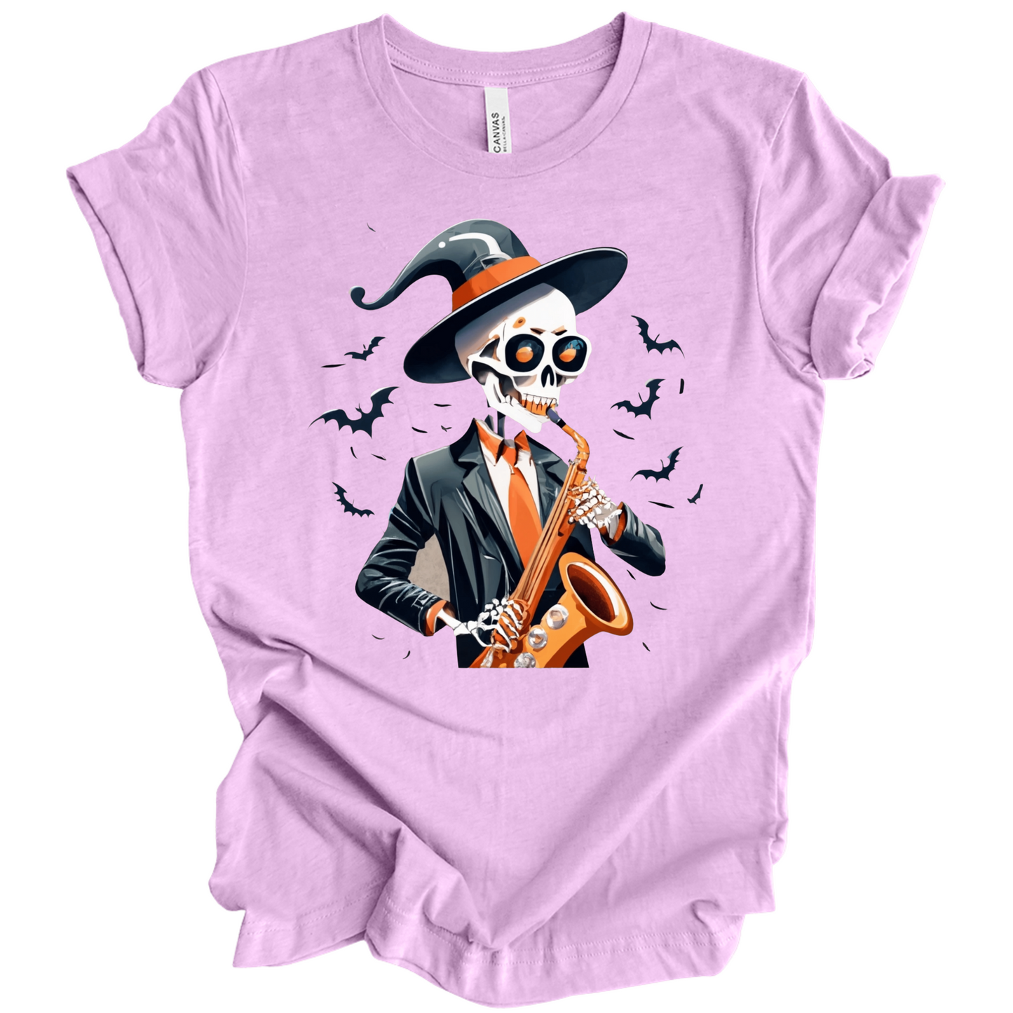 Light Purple halloween t-shirt with a skeleton playing a saxophone and wearing a witch hat, surrounded by bats.