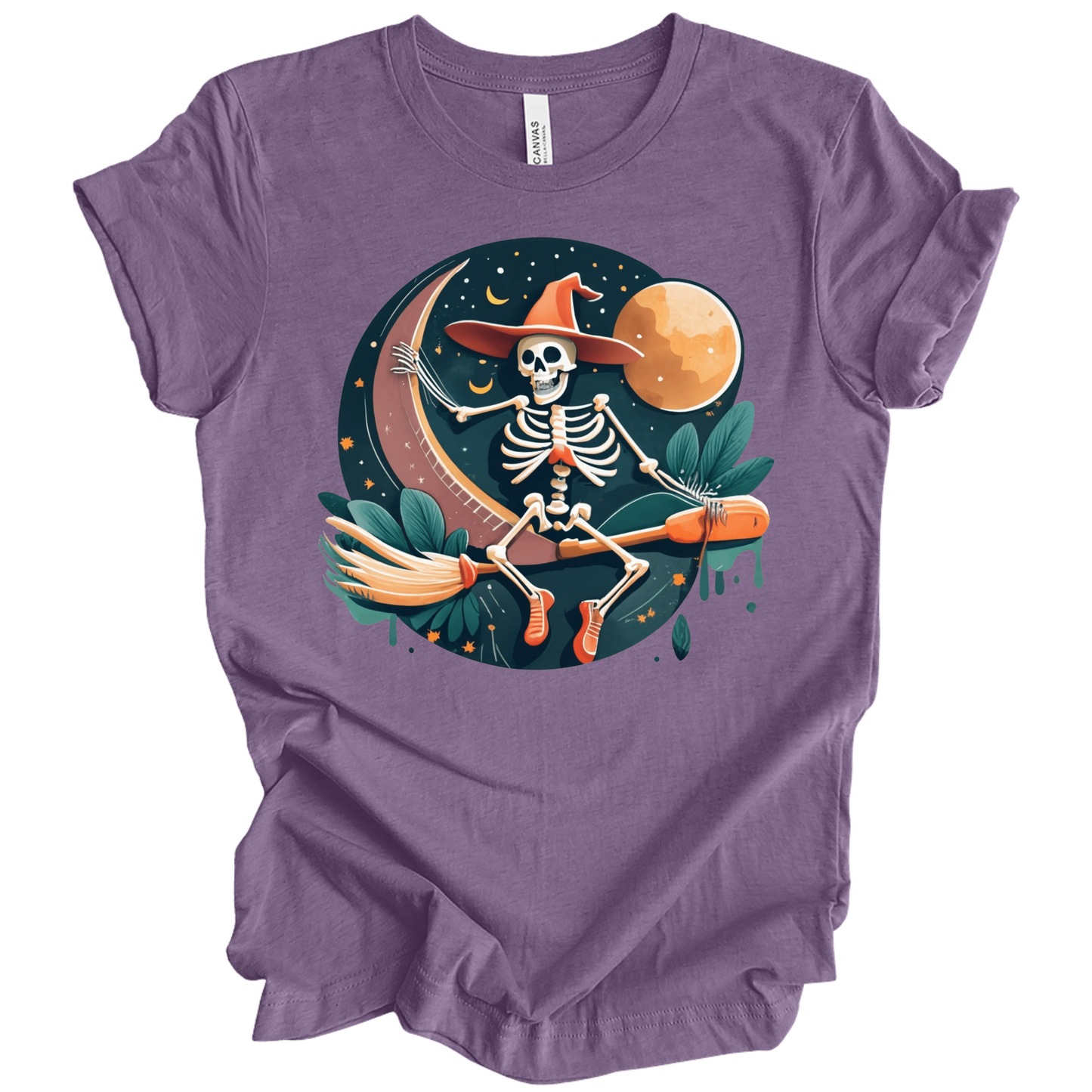 Purple halloween t-shirt with a skeleton on a broomstick wearing a witch hat in the night time.
