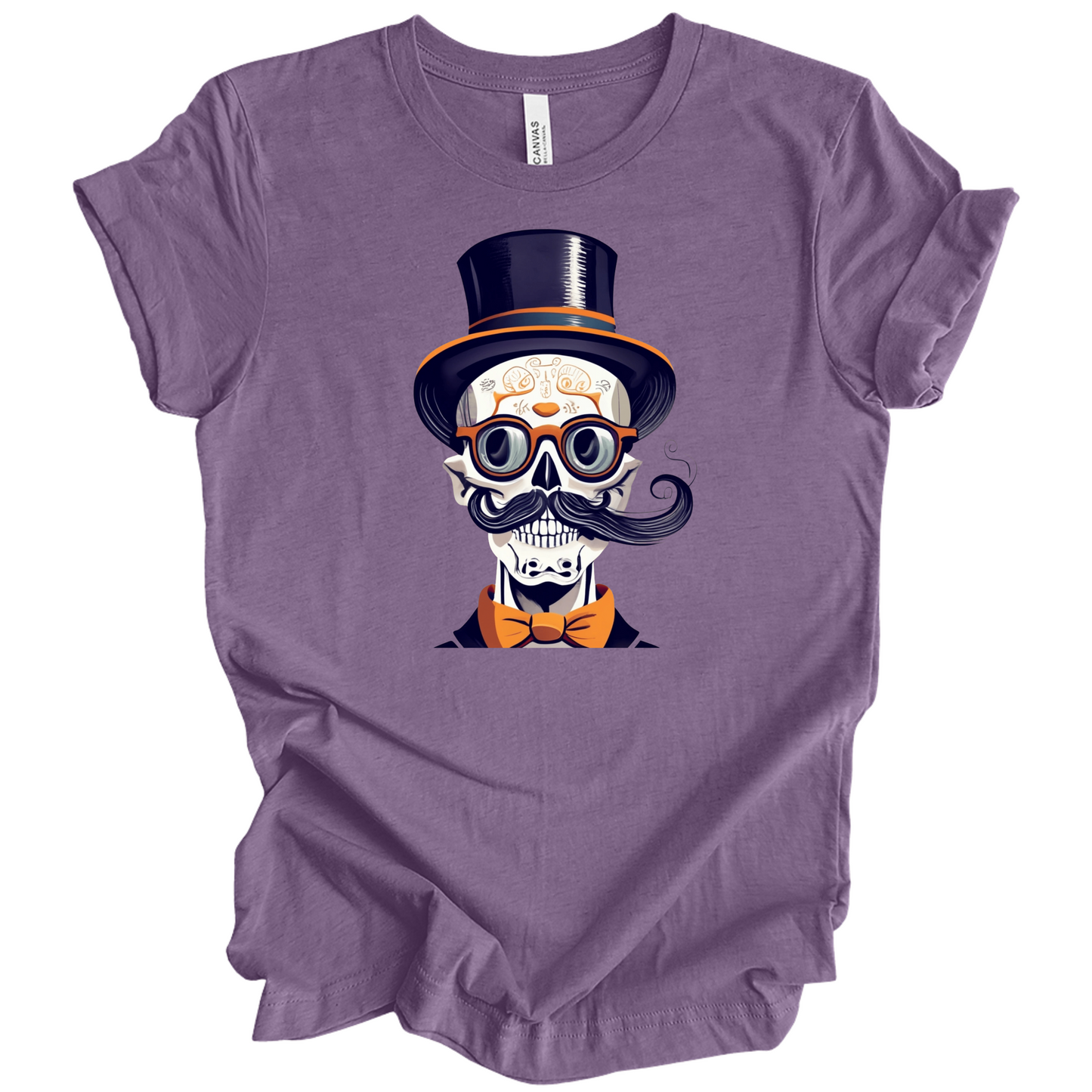 Purple halloween t-shirt with a skull wearing a top hat, glasses, and bow tie.