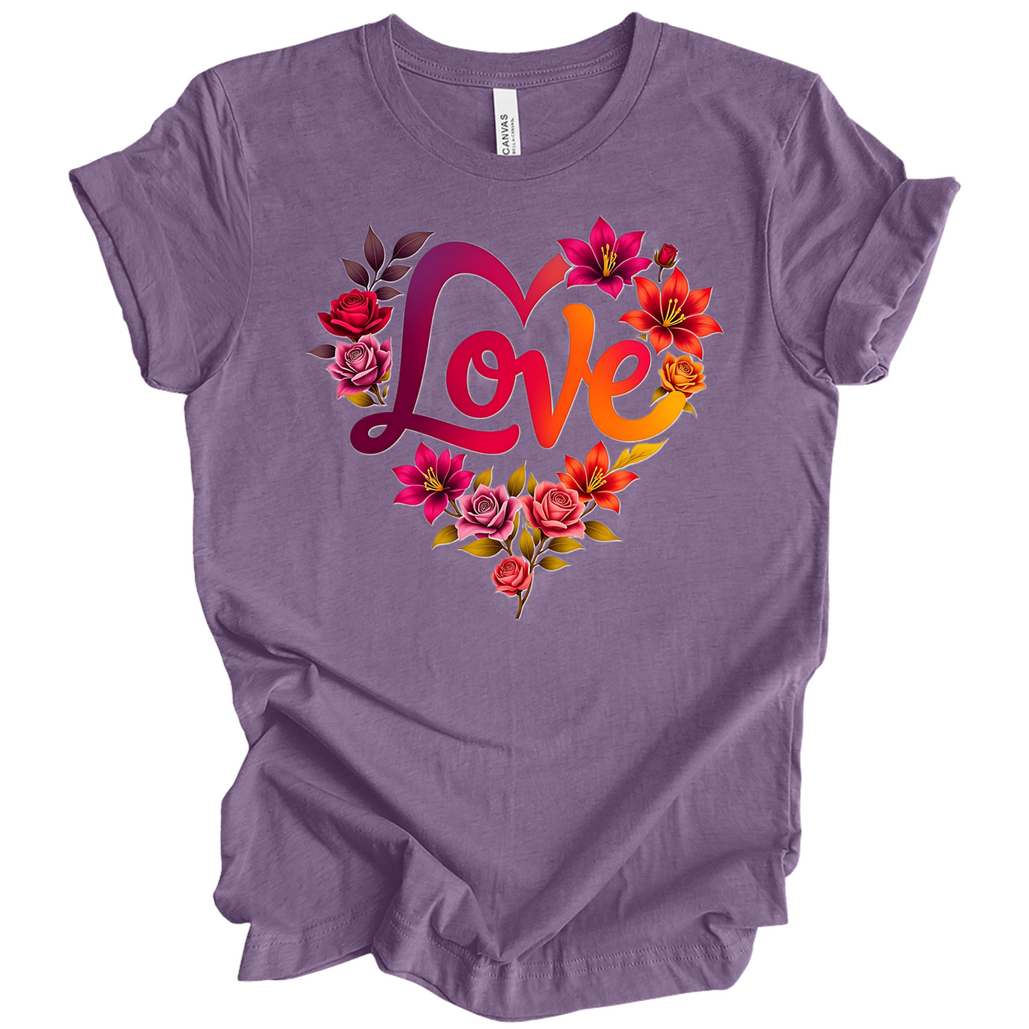 Heather Purple colour valentines day t-shirt with the a design of 'Love' wording and surrounded floral design, front printed.