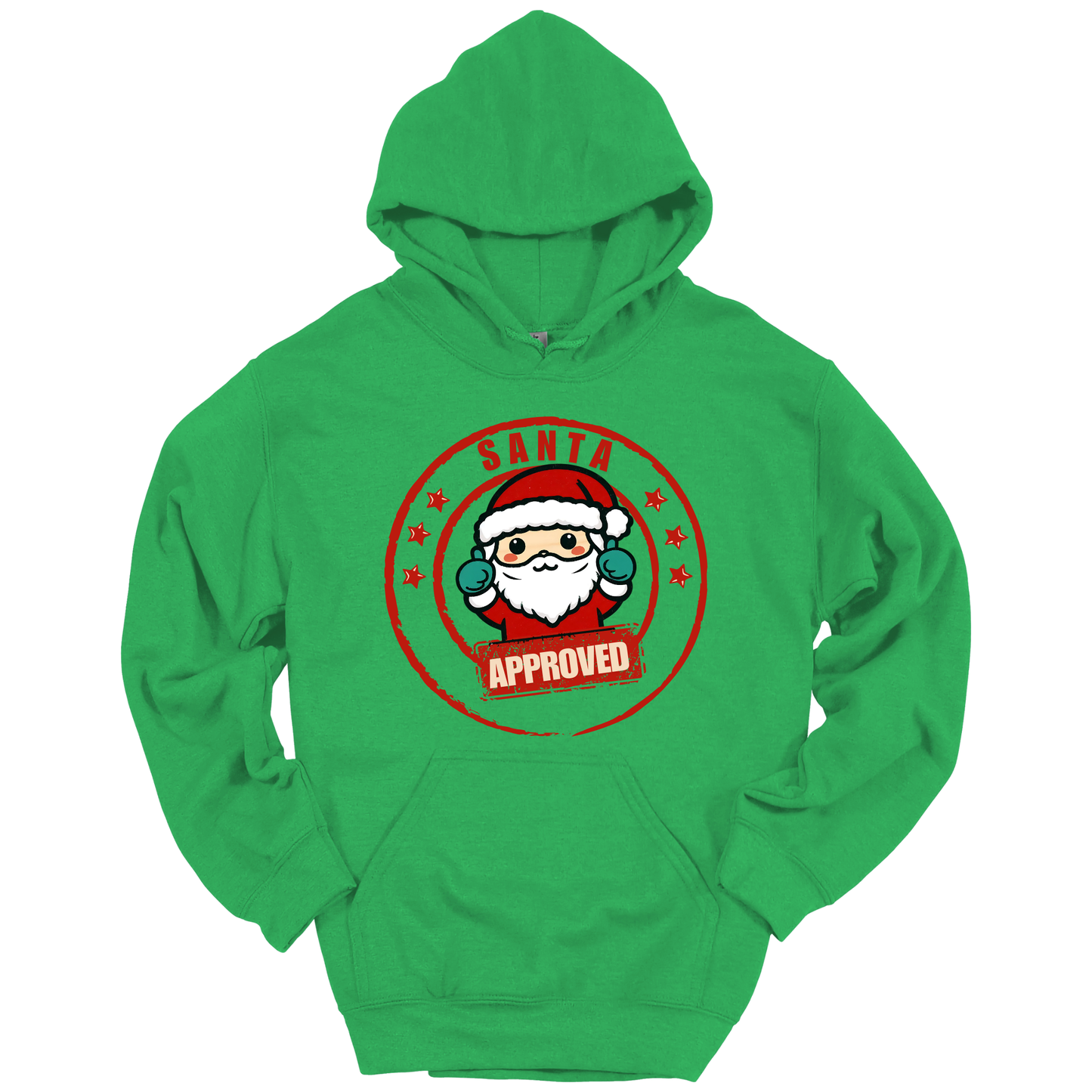 Green Christmas hoodie with a Santa Claus graphic and 'Approved' text.