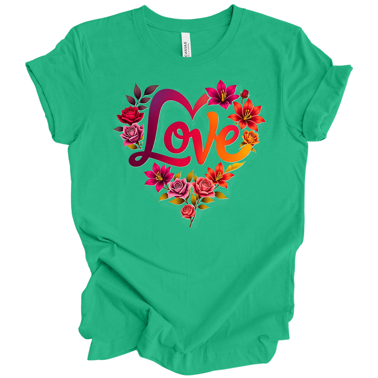Kelly Green colour valentines day t-shirt with the a design of 'Love' wording and surrounded floral design, front printed.