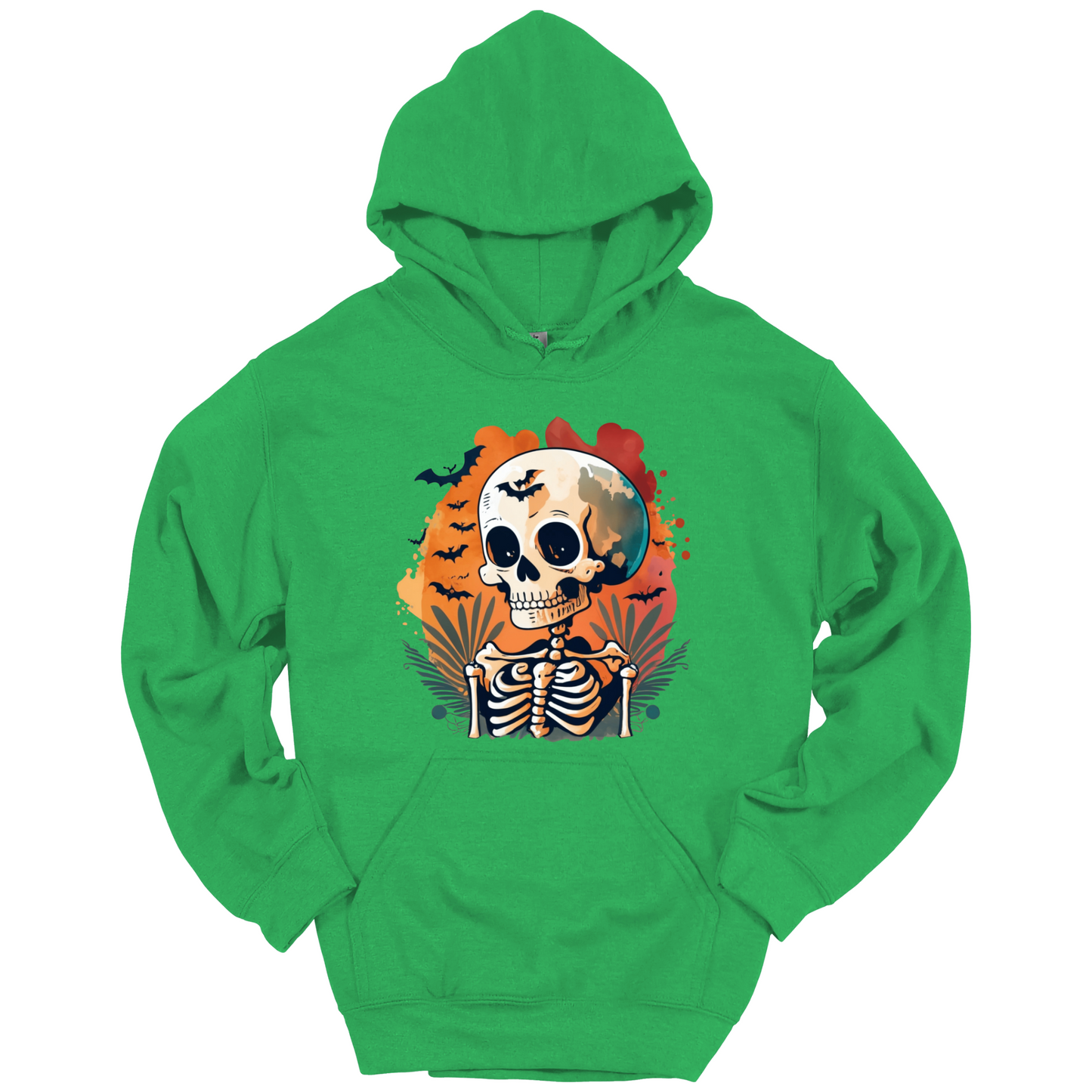 Green hoodie with a Halloween-themed design featuring a skull and skeleton surrounded with bats.