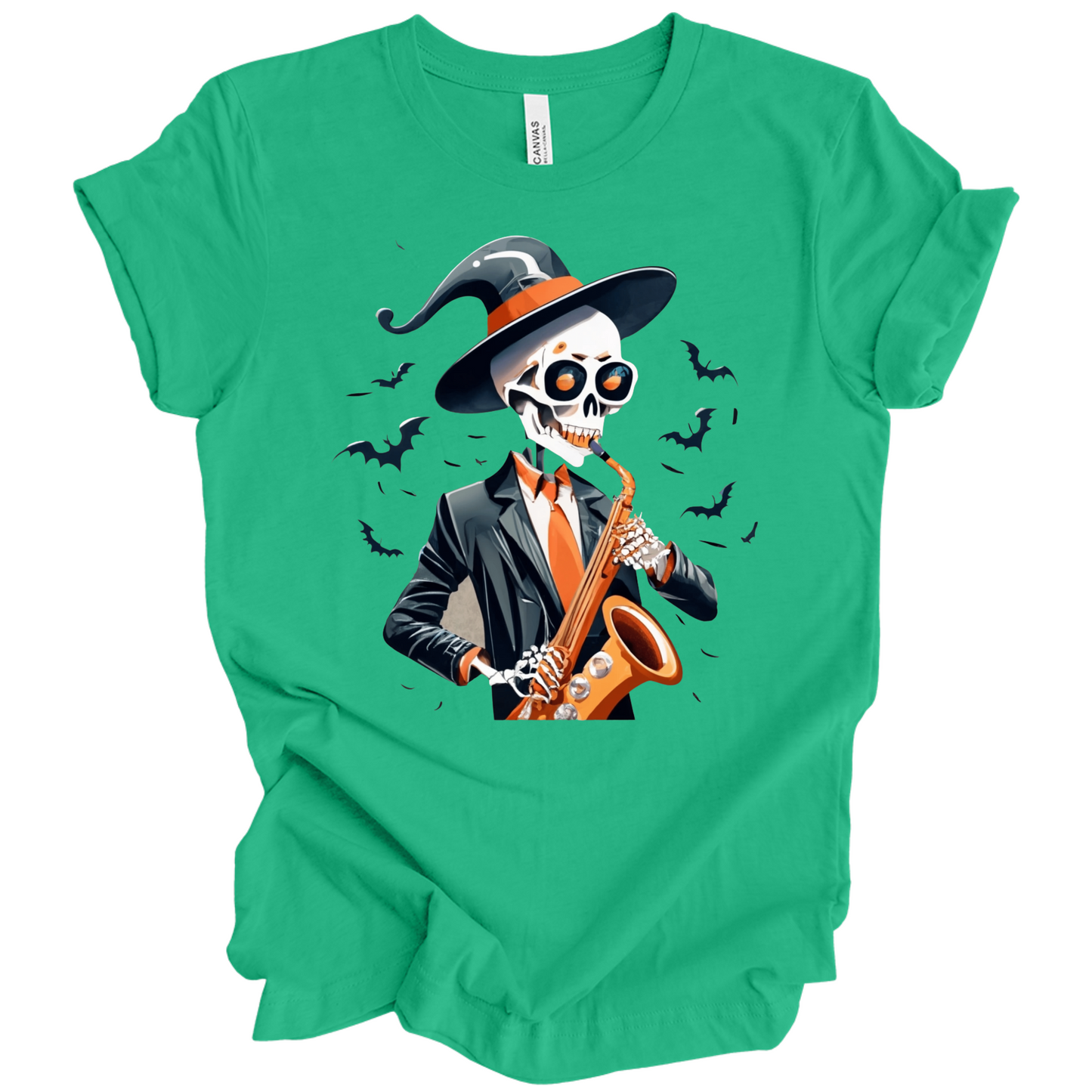 Green halloween t-shirt with a skeleton playing a saxophone and wearing a witch hat, surrounded by bats.