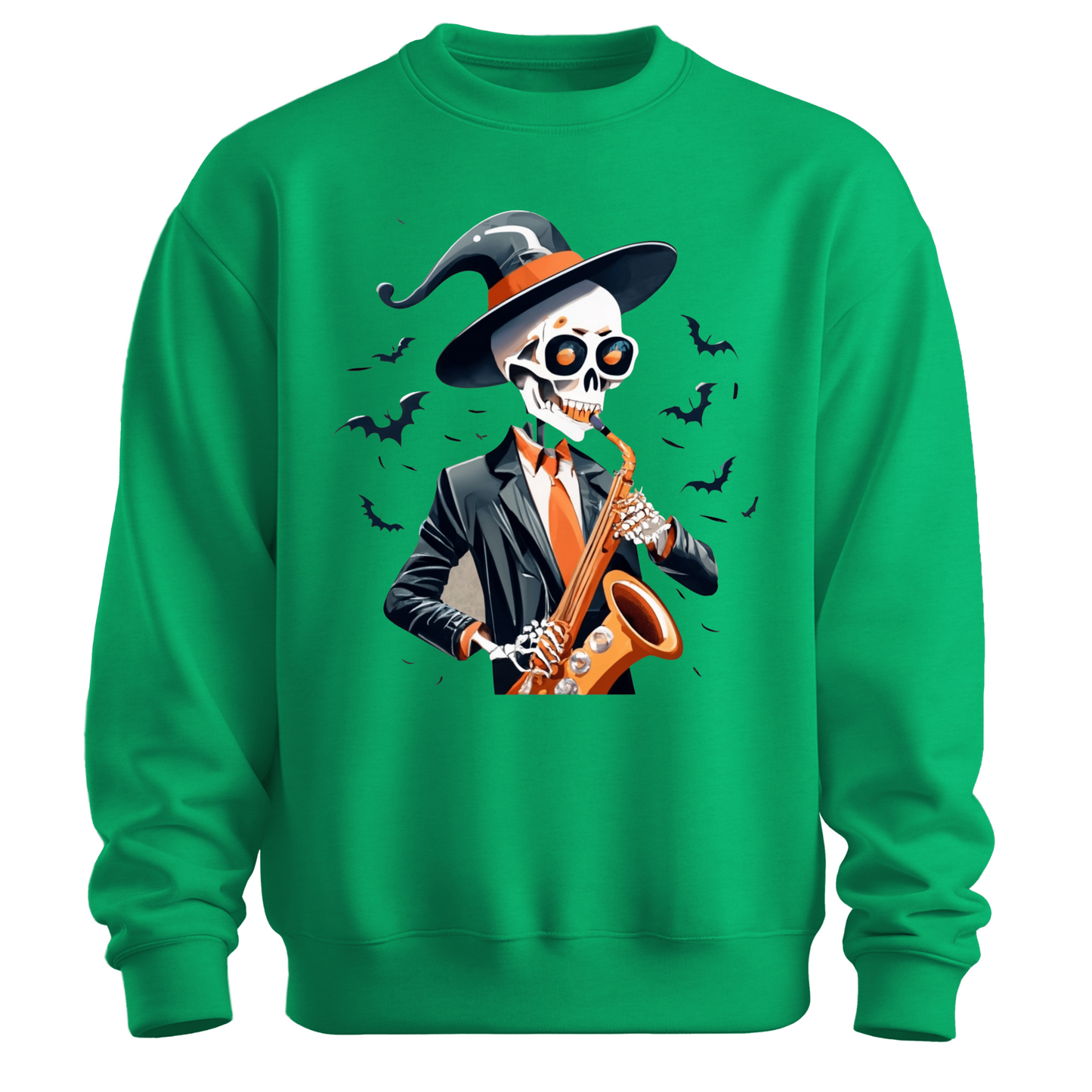Green halloween sweatshirt with a skeleton playing a saxophone and wearing a witch hat, surrounded by bats.