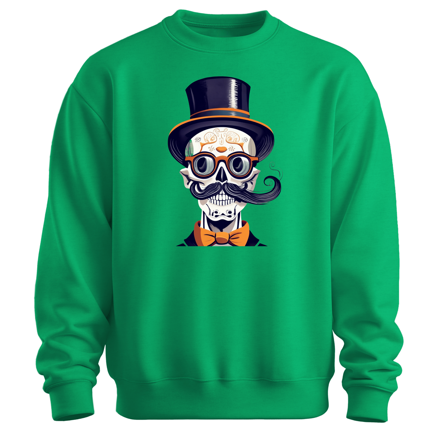 Green halloween sweatshirt with a skull wearing a top hat, glasses and a bow tie.