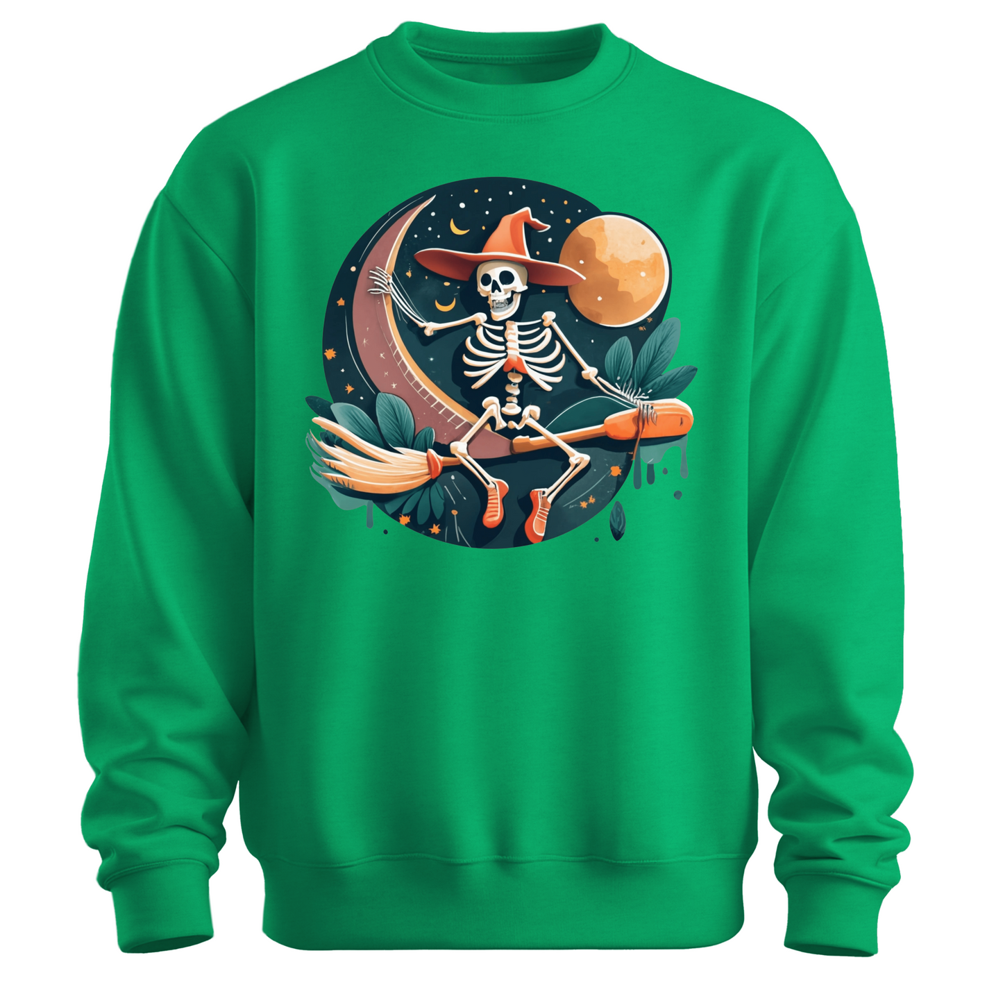 Green halloween sweatshirt with a skeleton on a broomstick wearing a witch hat in the night time.