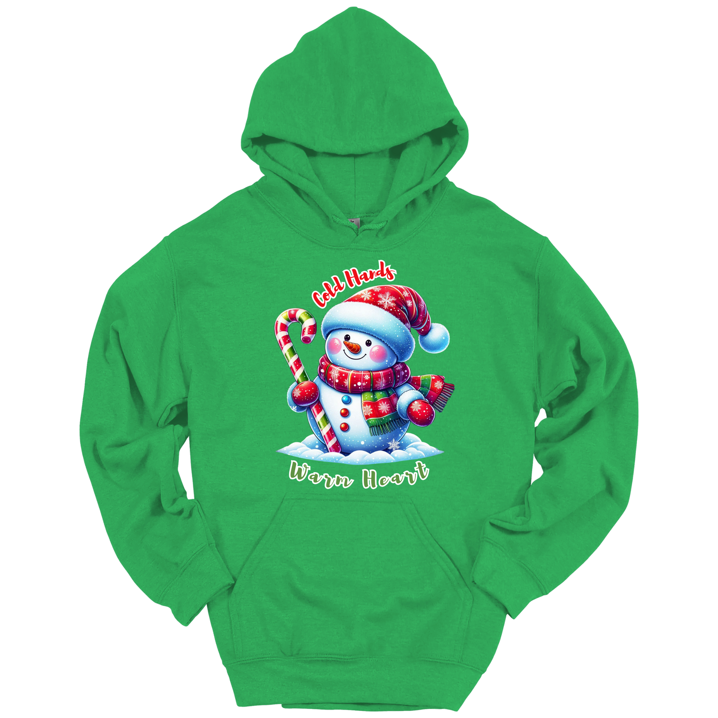 Green Christmas hoodie with a snowman graphic with a text "Cold Hands Warm Hearts"