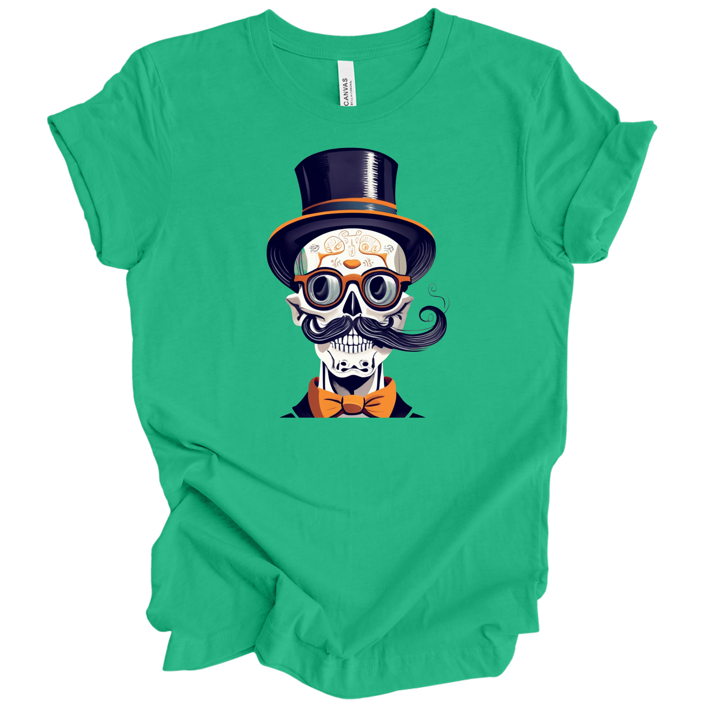 Green halloween t-shirt with a skull wearing a top hat, glasses, and bow tie.