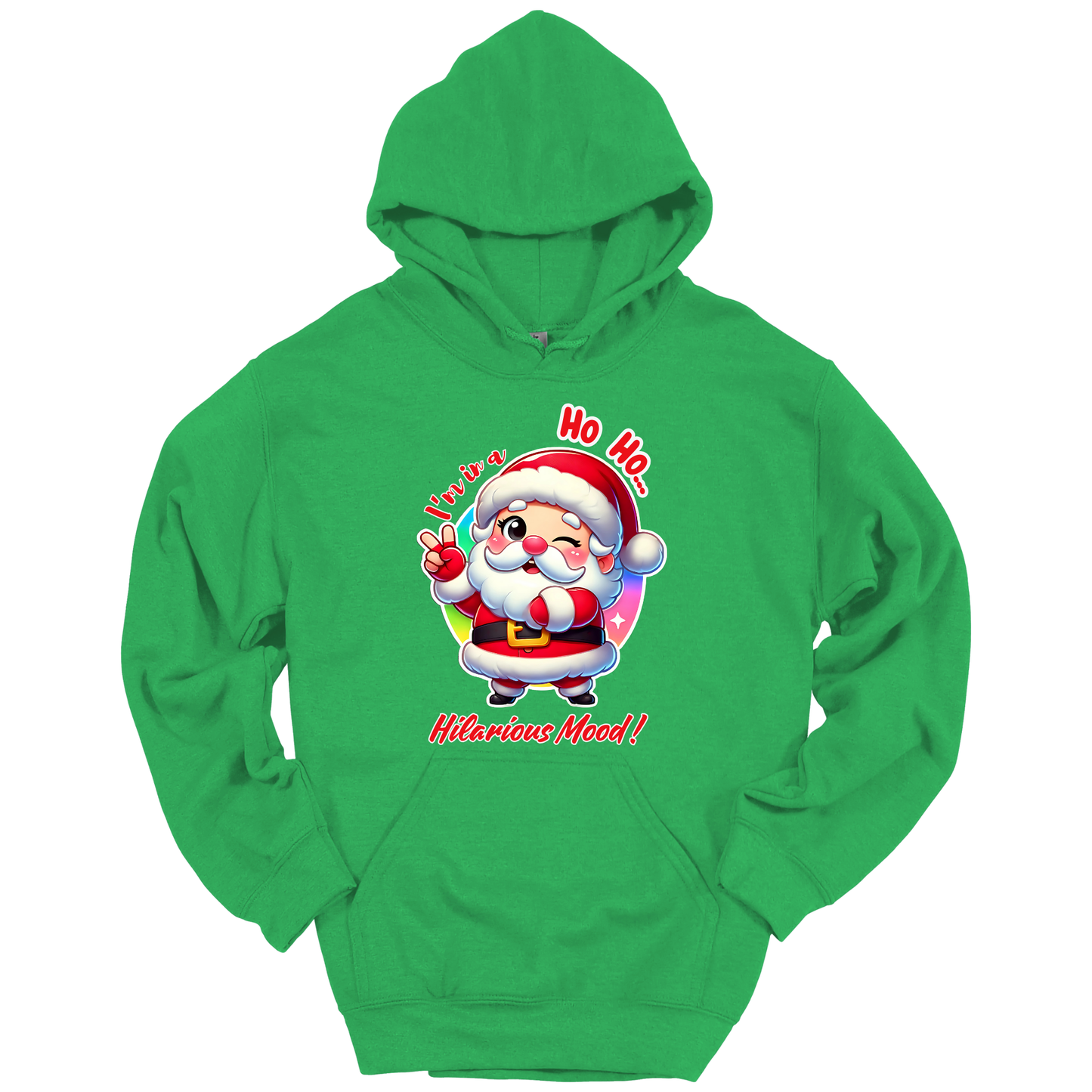 Green Christmas hoodie with a cartoon Santa Claus design