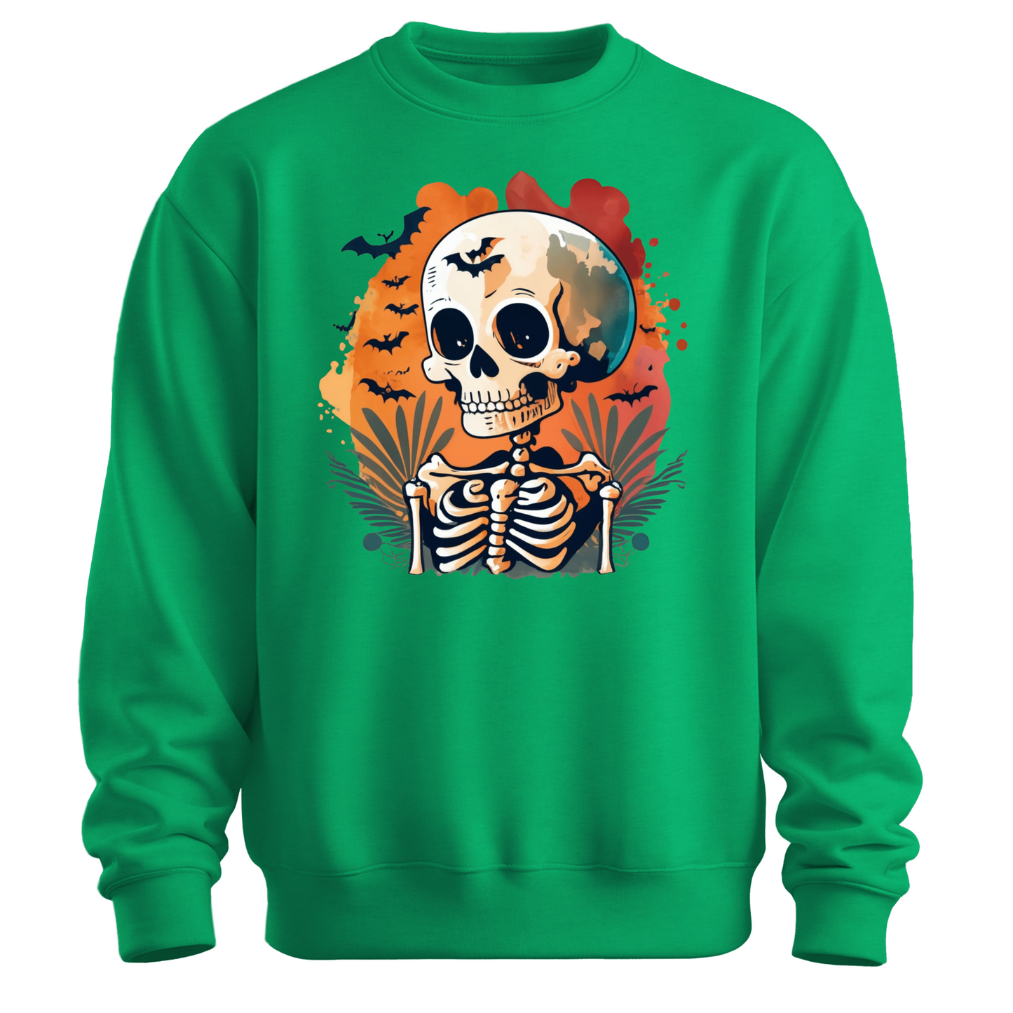 Green sweatshirt with a Halloween-themed design featuring a skeleton and skull surrounded with bats.