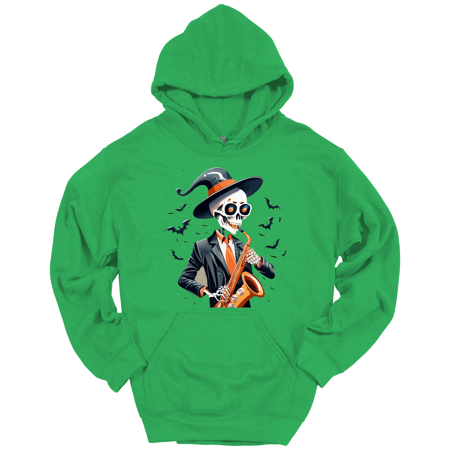 Green halloween hoodie with a skeleton playing a saxophone and wearing a witch hat, surrounded by bats.