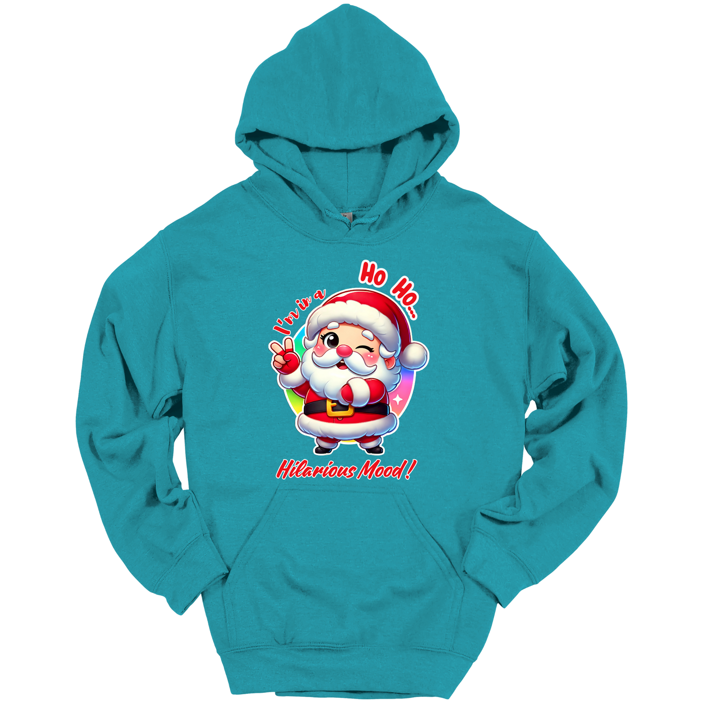 Teal Christmas hoodie with a cartoon Santa Claus design