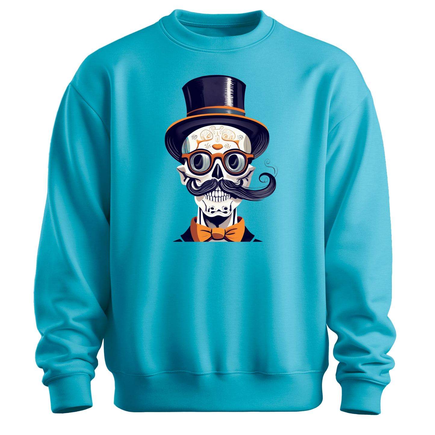 Blue halloween sweatshirt with a skull wearing a top hat, glasses and a bow tie.