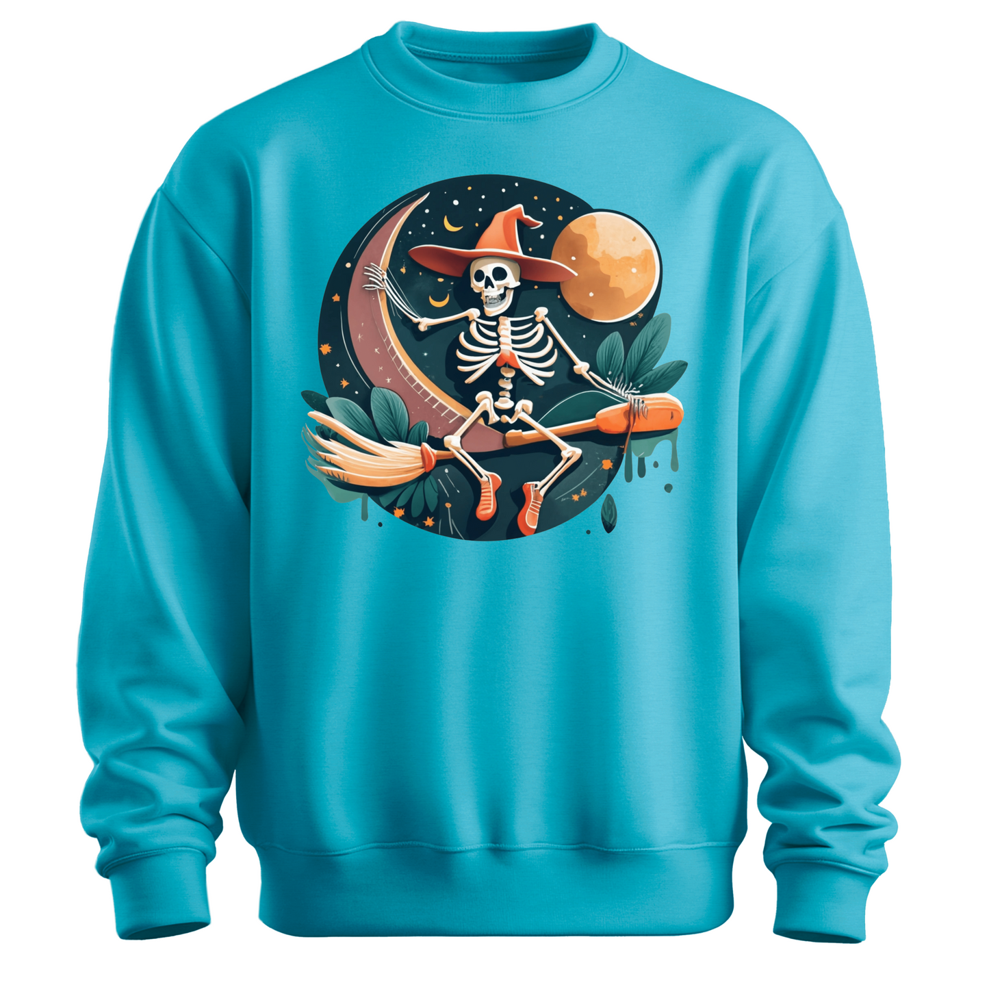 Blue halloween sweatshirt with a skeleton on a broomstick wearing a witch hat in the night time.