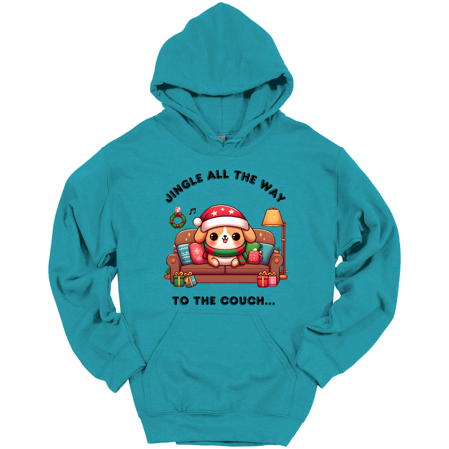 Green hoodie with Christmas-themed design of a dog on a couch and text 'Jingle all the way to the couch'.