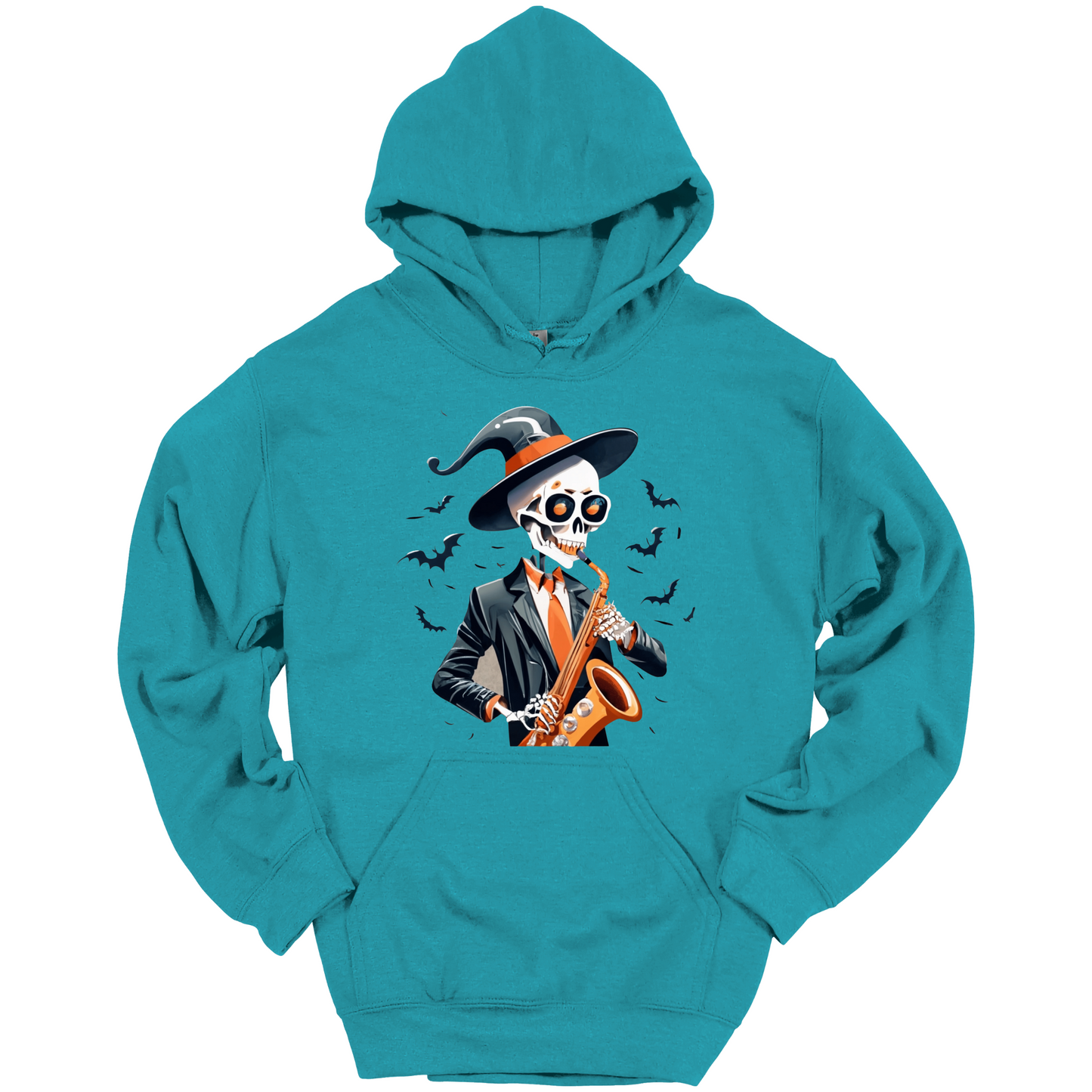 Teal halloween hoodie with a skeleton playing a saxophone and wearing a witch hat, surrounded by bats.
