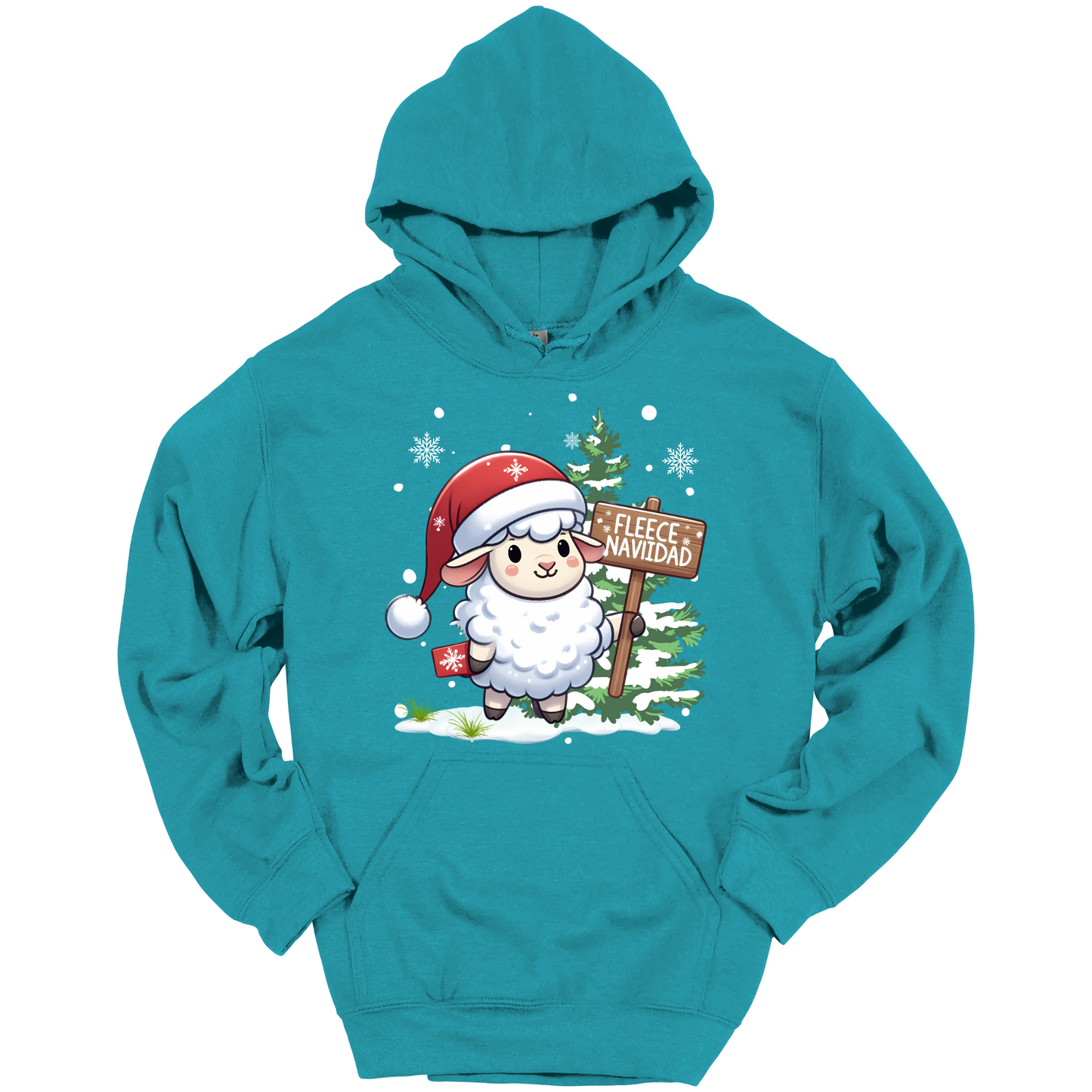 Teal Christmas hoodie with a Christmas-themed design featuring a sheep in a Santa hat and a sign.