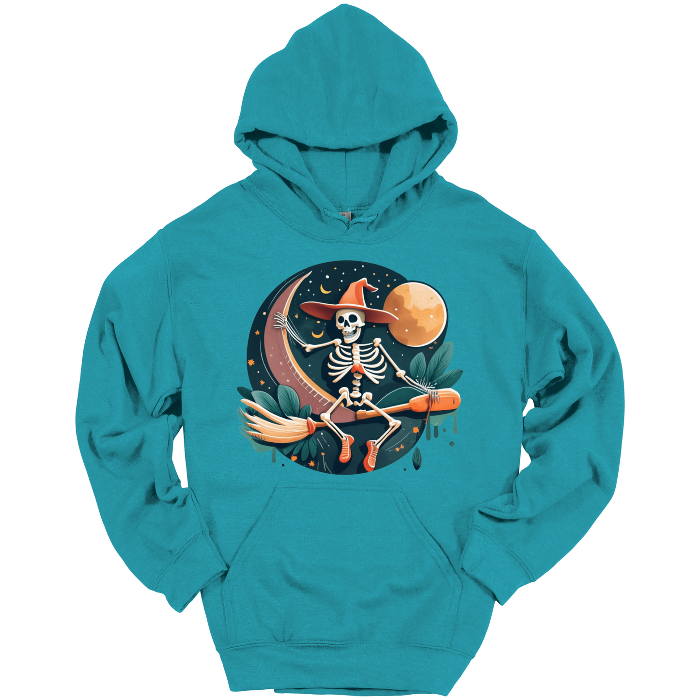 Teal halloween hoodie with a skeleton on a broomstick wearing a witch hat in the night time.