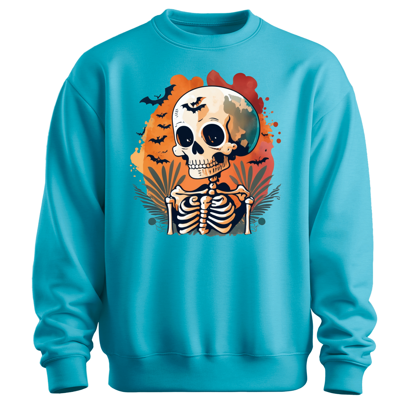 Blue sweatshirt with a Halloween-themed design featuring a skeleton and skull surrounded with bats.