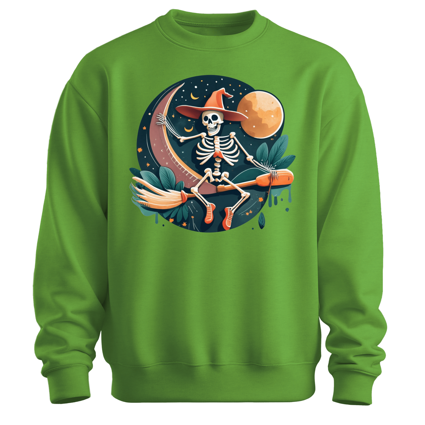 Green halloween sweatshirt with a skeleton on a broomstick wearing a witch hat in the night time.