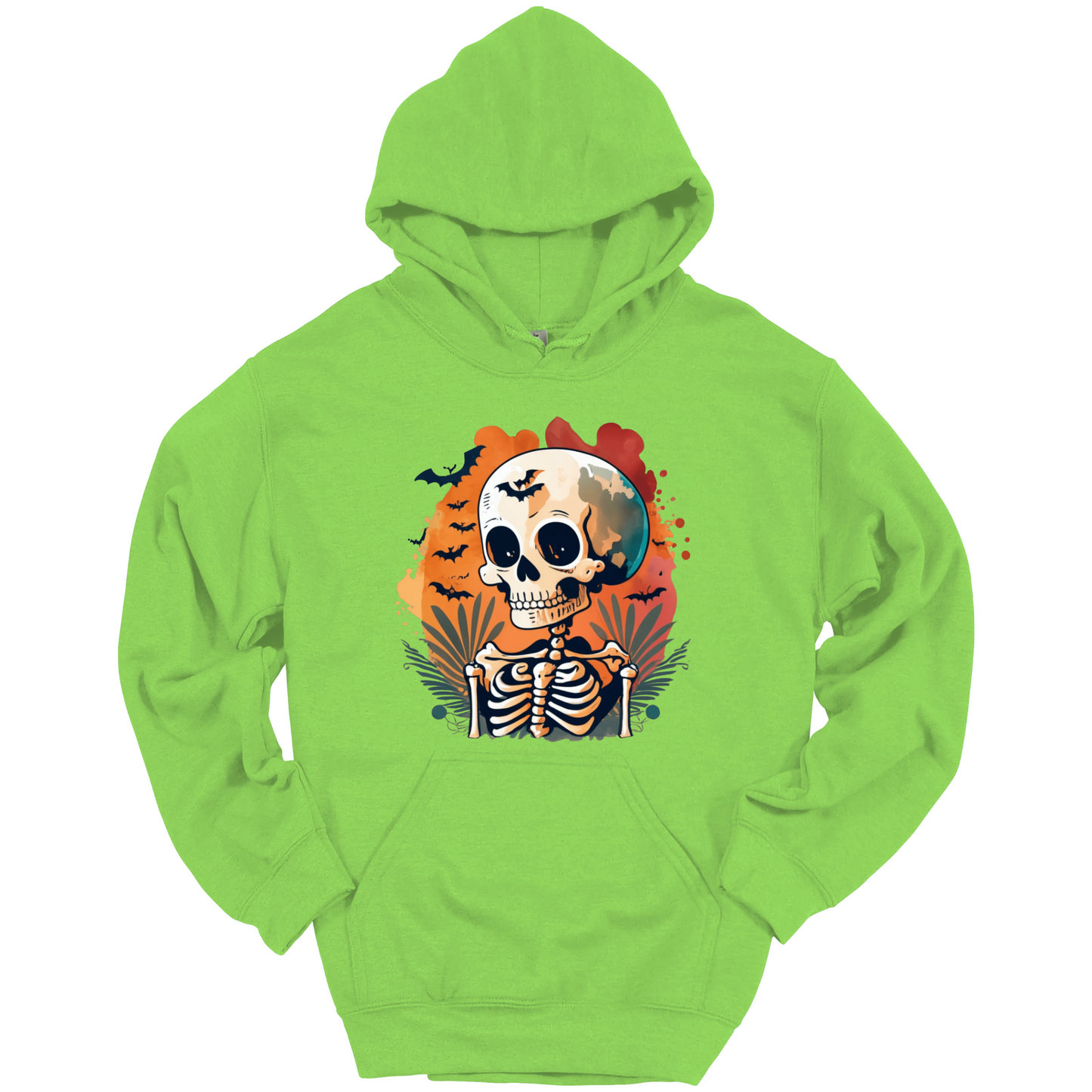 Green hoodie with a Halloween-themed design featuring a skull and skeleton surrounded with bats.