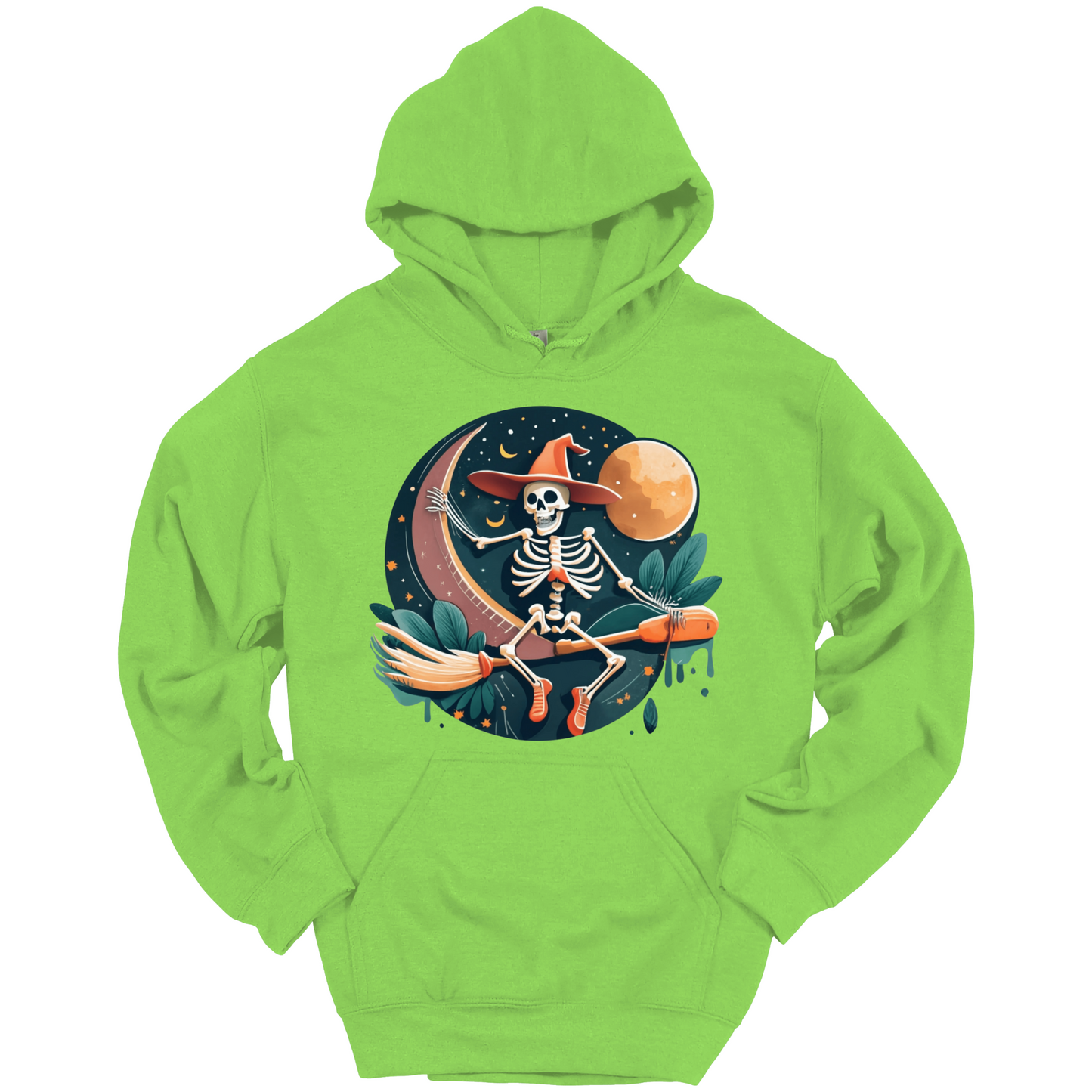 Green halloween hoodie with a skeleton on a broomstick wearing a witch hat in the night time.