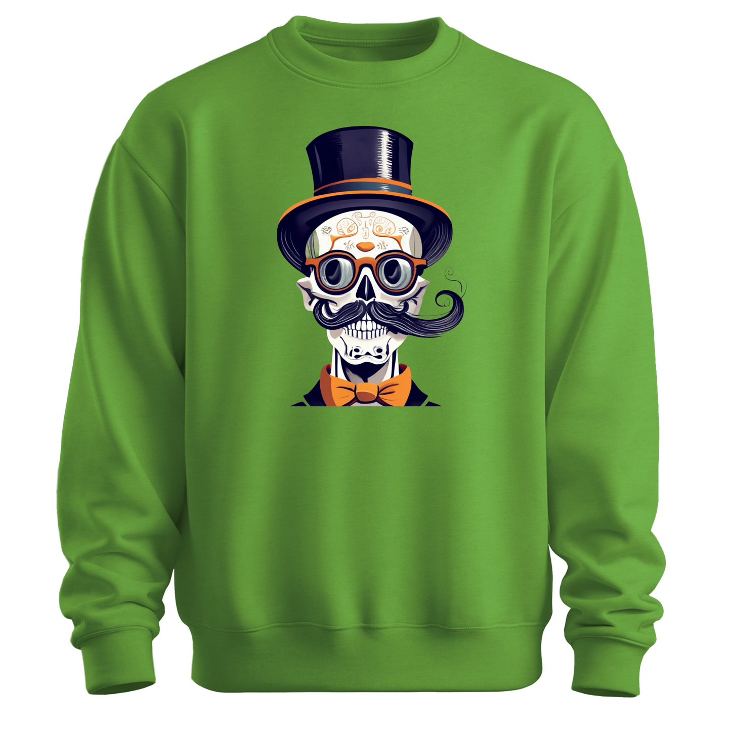 Green halloween sweatshirt with a skull wearing a top hat, glasses and a bow tie.