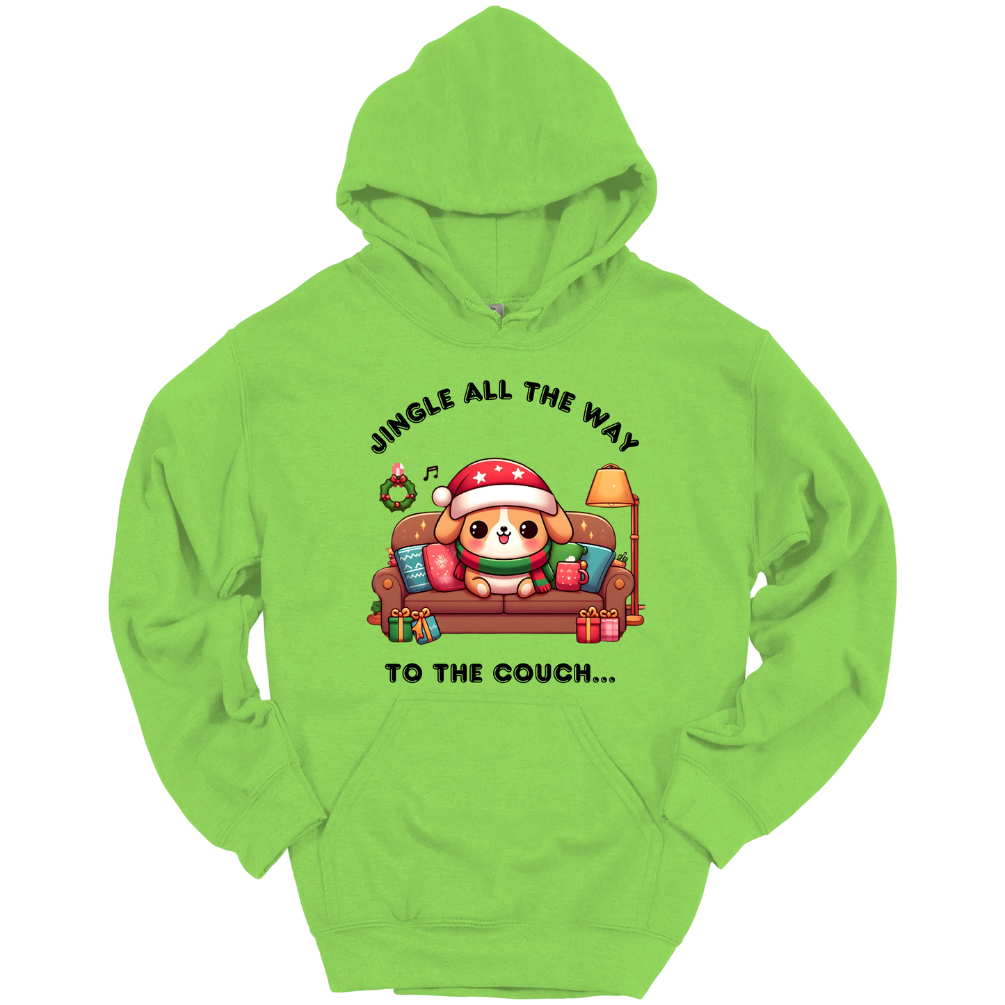 Green hoodie with Christmas-themed design of a dog on a couch and text 'Jingle all the way to the couch'.