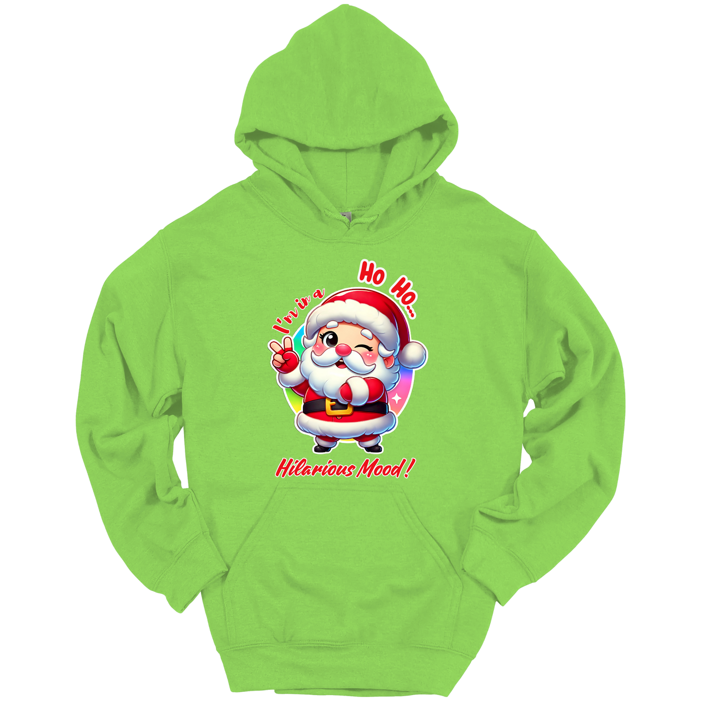 Green Christmas hoodie with a cartoon Santa Claus design